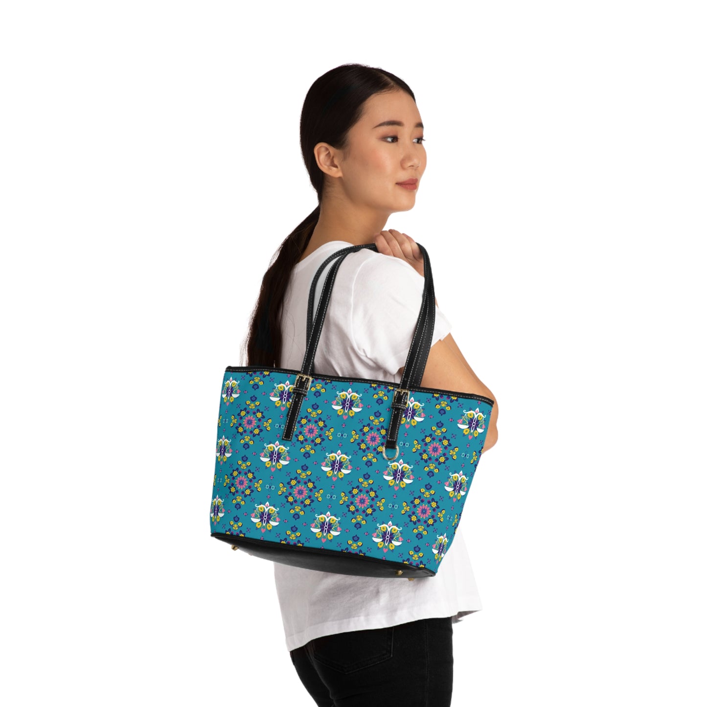 Leather Shoulder Bag, Libra, Zodiac v1, Flower Pattern