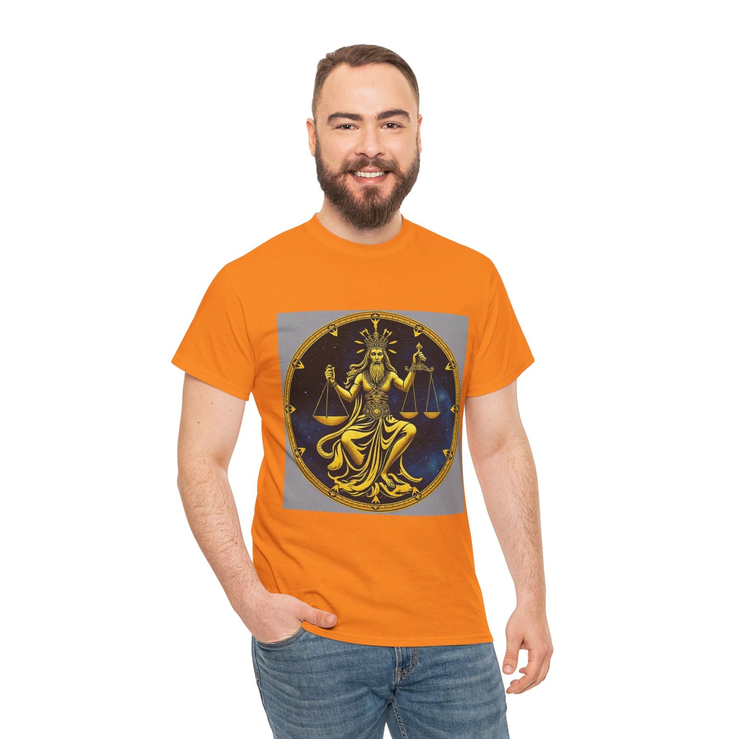 Unisex Heavy Cotton T-Shirt, Gold v1, Libra God, Zodiac Design