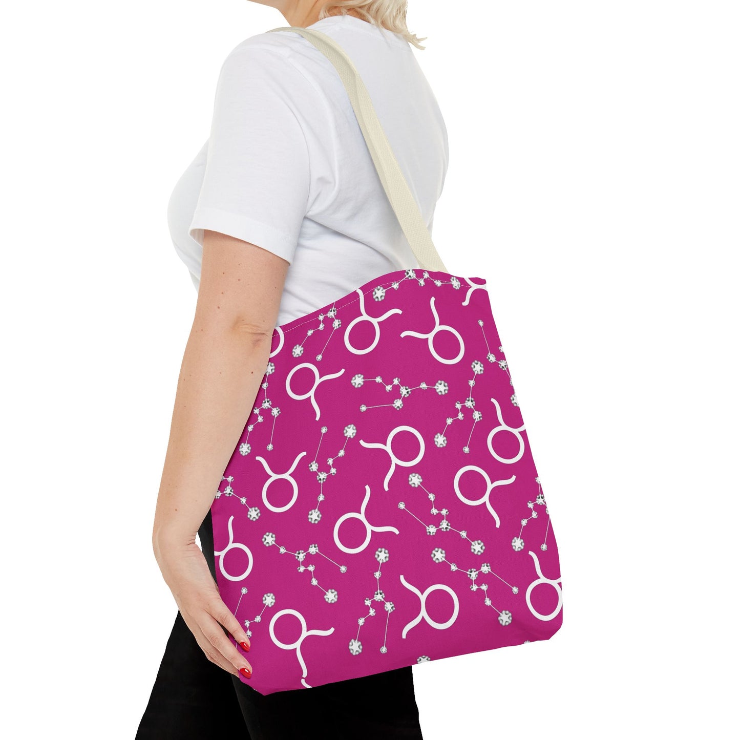 Tote Bag, Taurus Zodiac Sign, AOP, (Pink, White)