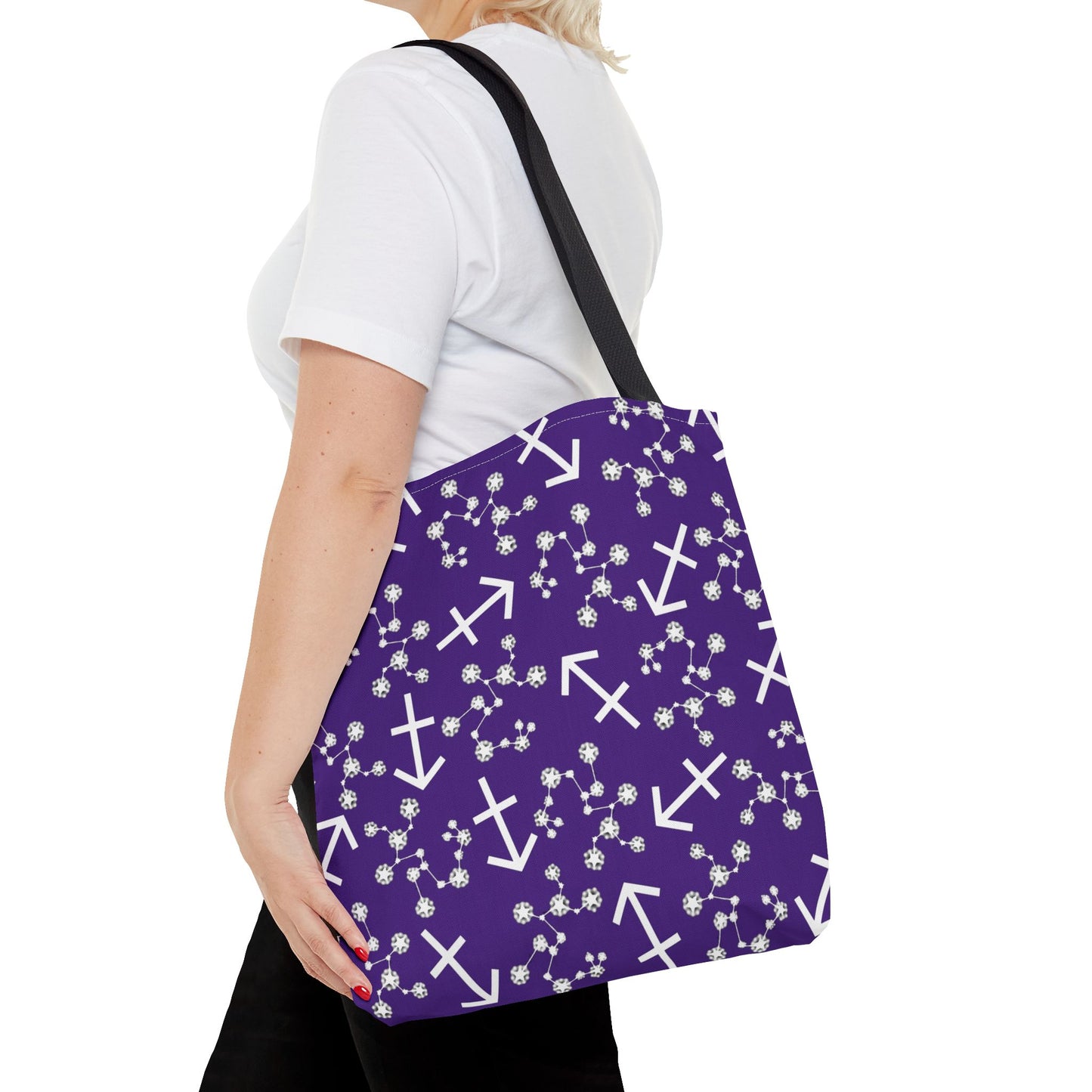Tote Bag, Sagittarius Zodiac Sign, AOP, (Purple, White Print)