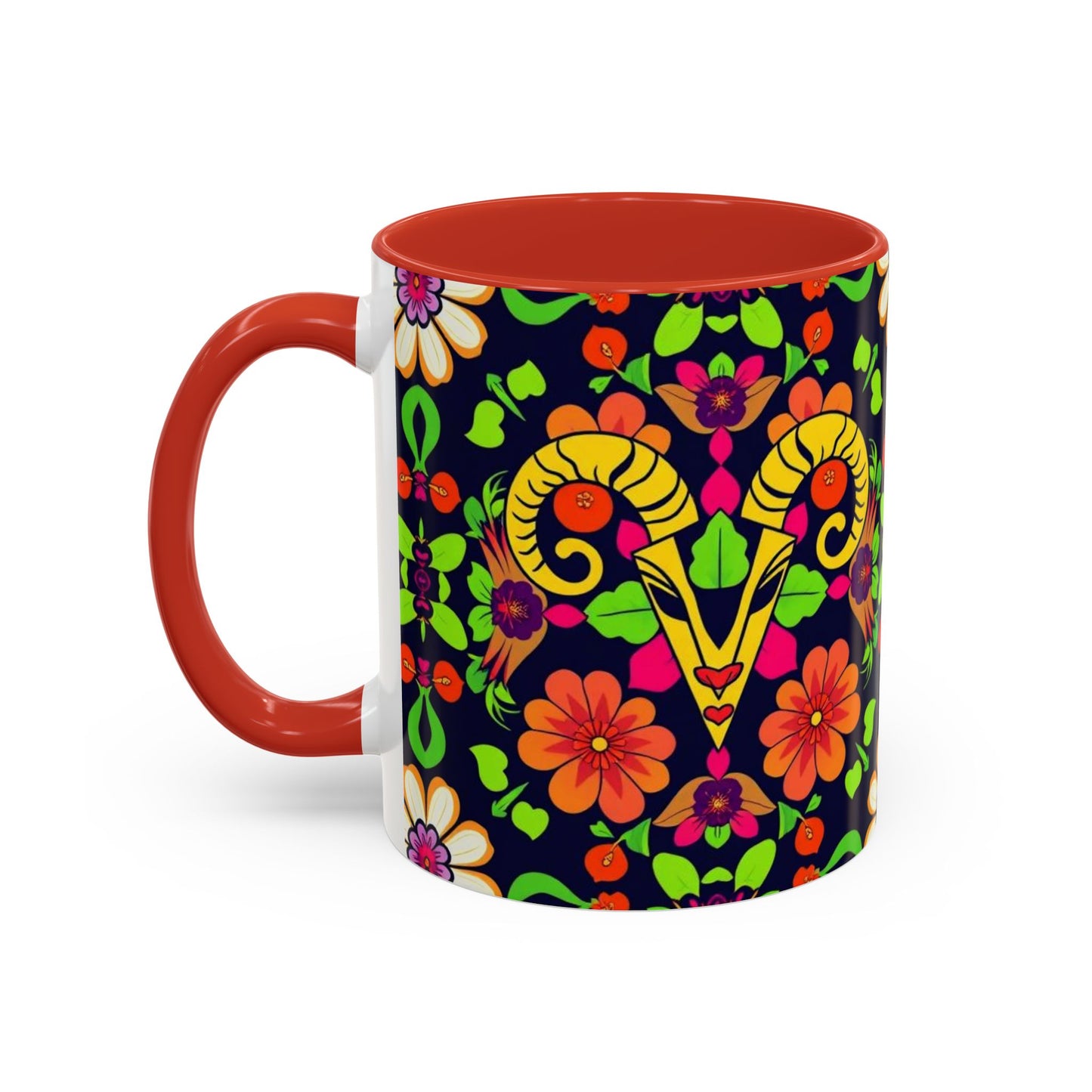 Accent Coffee Mug, Aries, Zodiac v2, Flower Pattern, (11, 15oz)