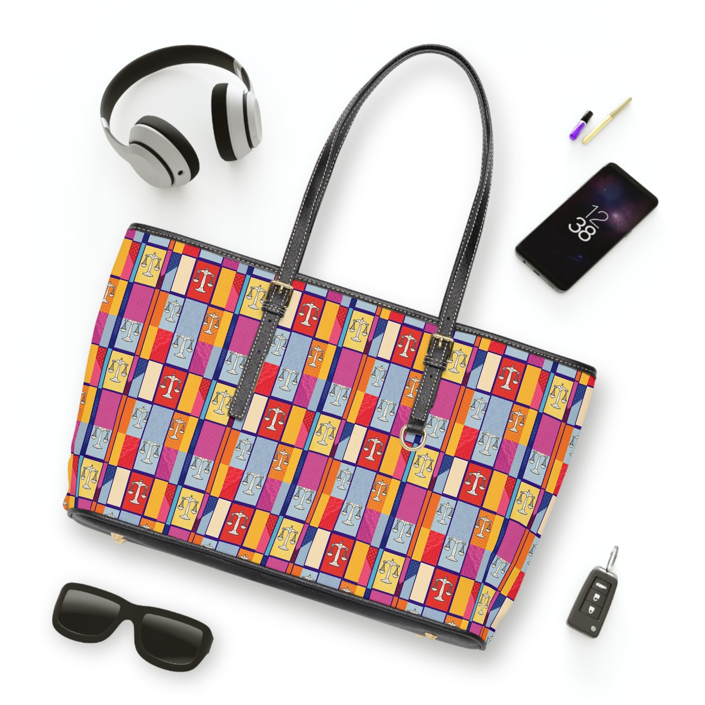 Leather Shoulder Bag, Libra, Zodiac v3, Shapes Pattern