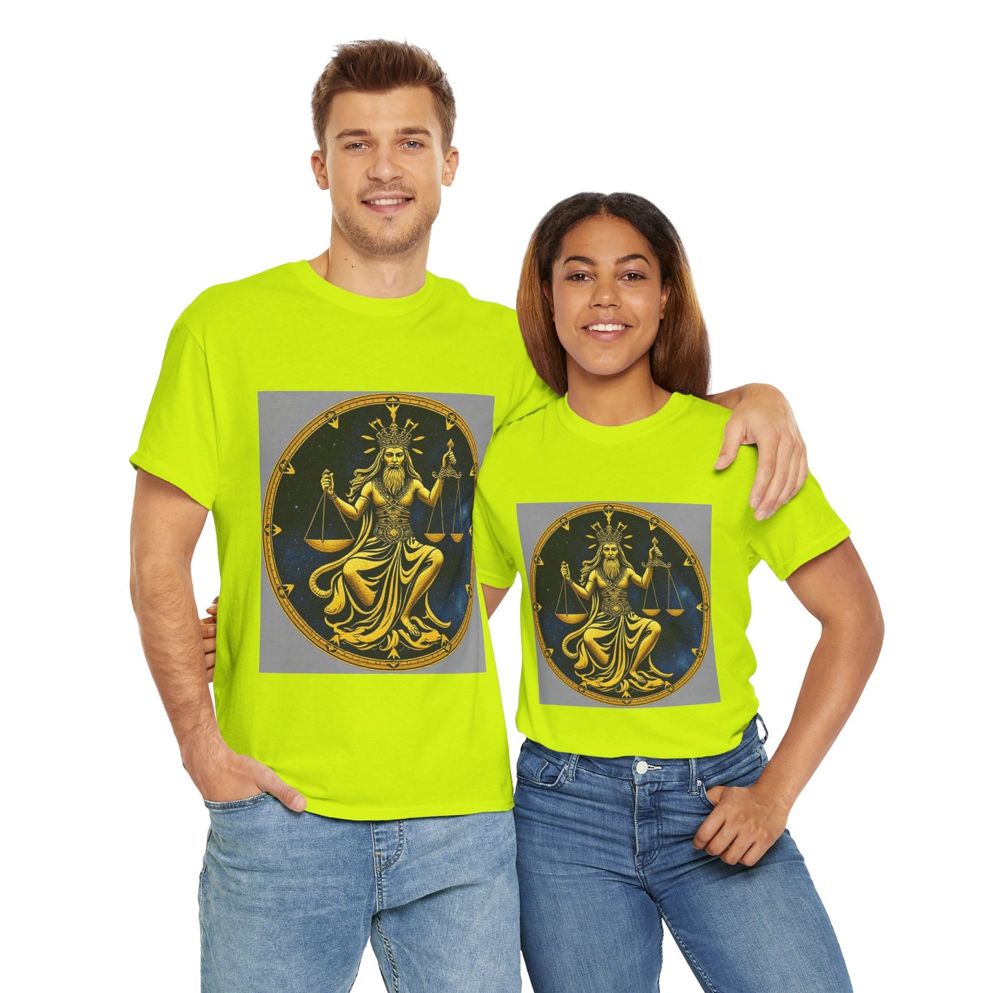 Unisex Heavy Cotton T-Shirt, Gold v1, Libra God, Zodiac Design