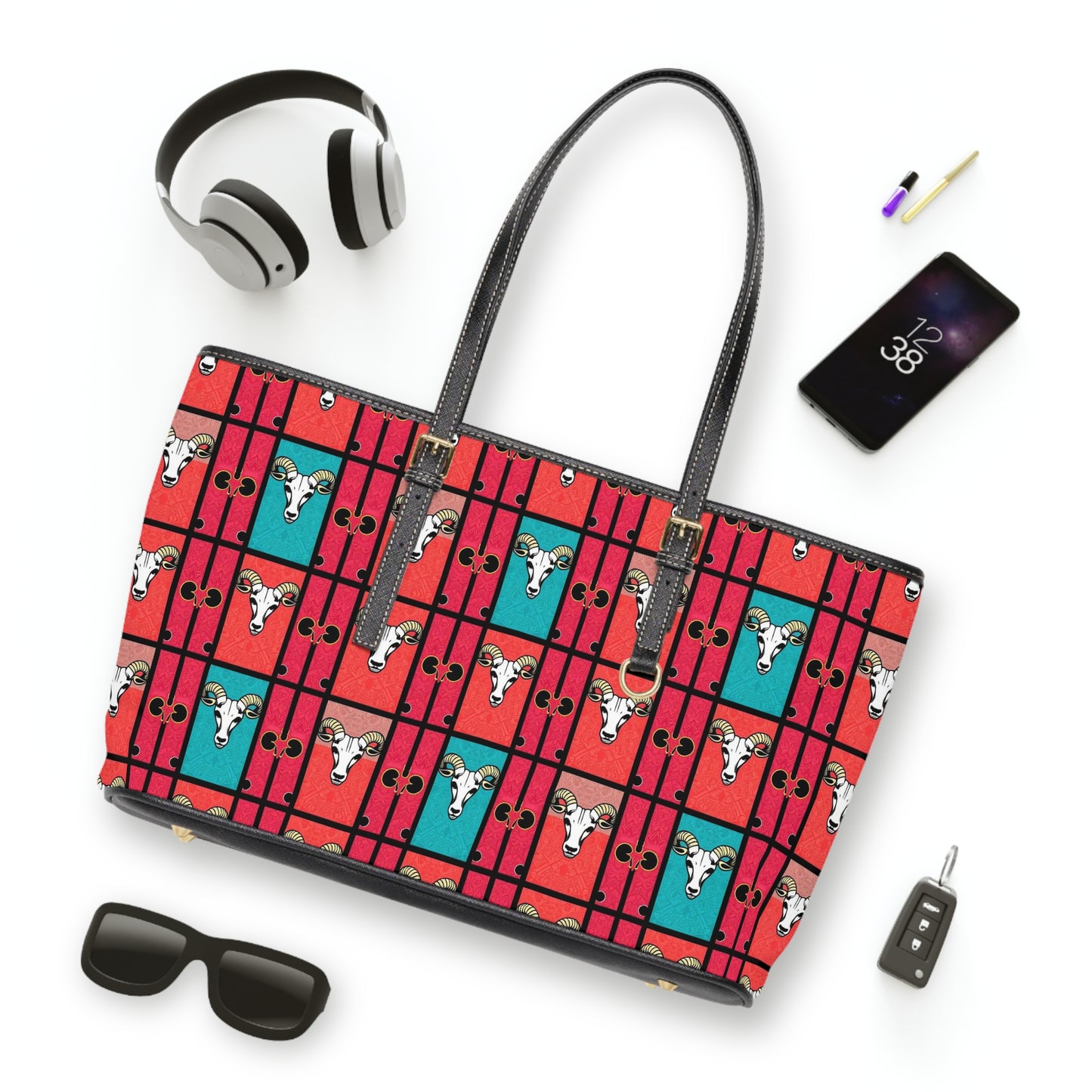 Leather Shoulder Bag, Taurus, Zodiac v3, Shapes Pattern