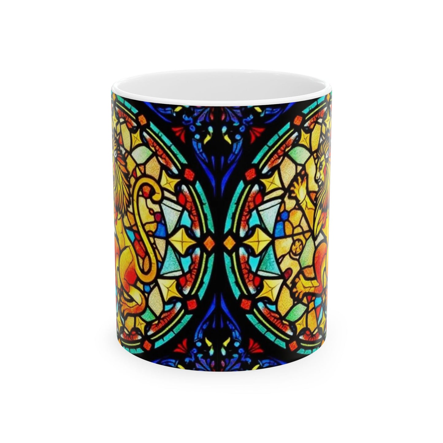 Ceramic Mug, (11oz, 15oz), Glass Design v1, AOP, Leo Zodiac Sign