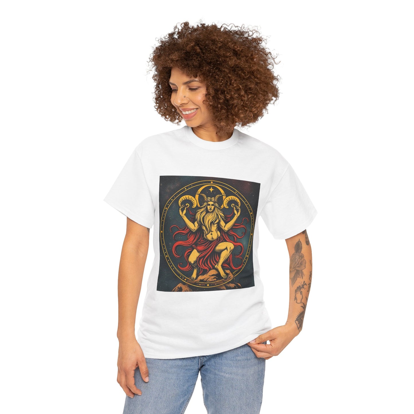 Unisex Heavy Cotton T-Shirt, Aries God 3v, Zodiac Design