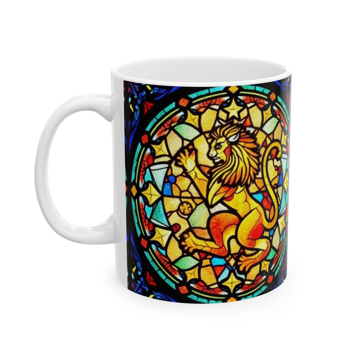 Ceramic Mug, (11oz, 15oz), Glass Design v1, AOP, Leo Zodiac Sign