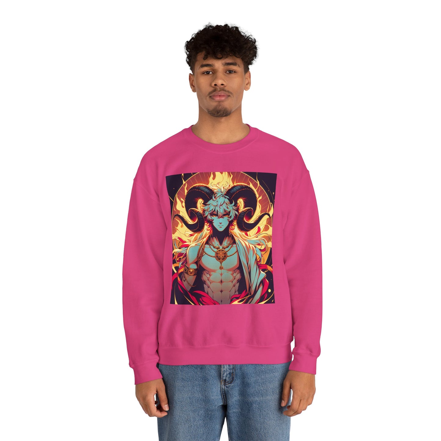 Unisex Heavy Blend™ Crewneck Sweatshirt, Anime Fire Aries, Zodiac Design