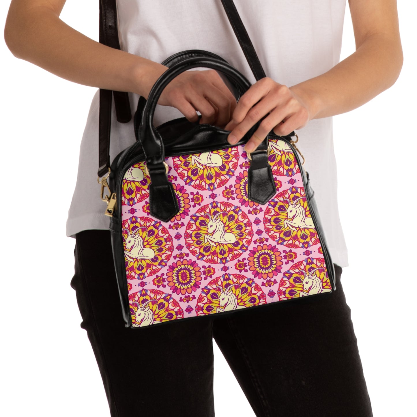 Shoulder Handbag, Capricorn, Zodiac v1, Flower Pattern