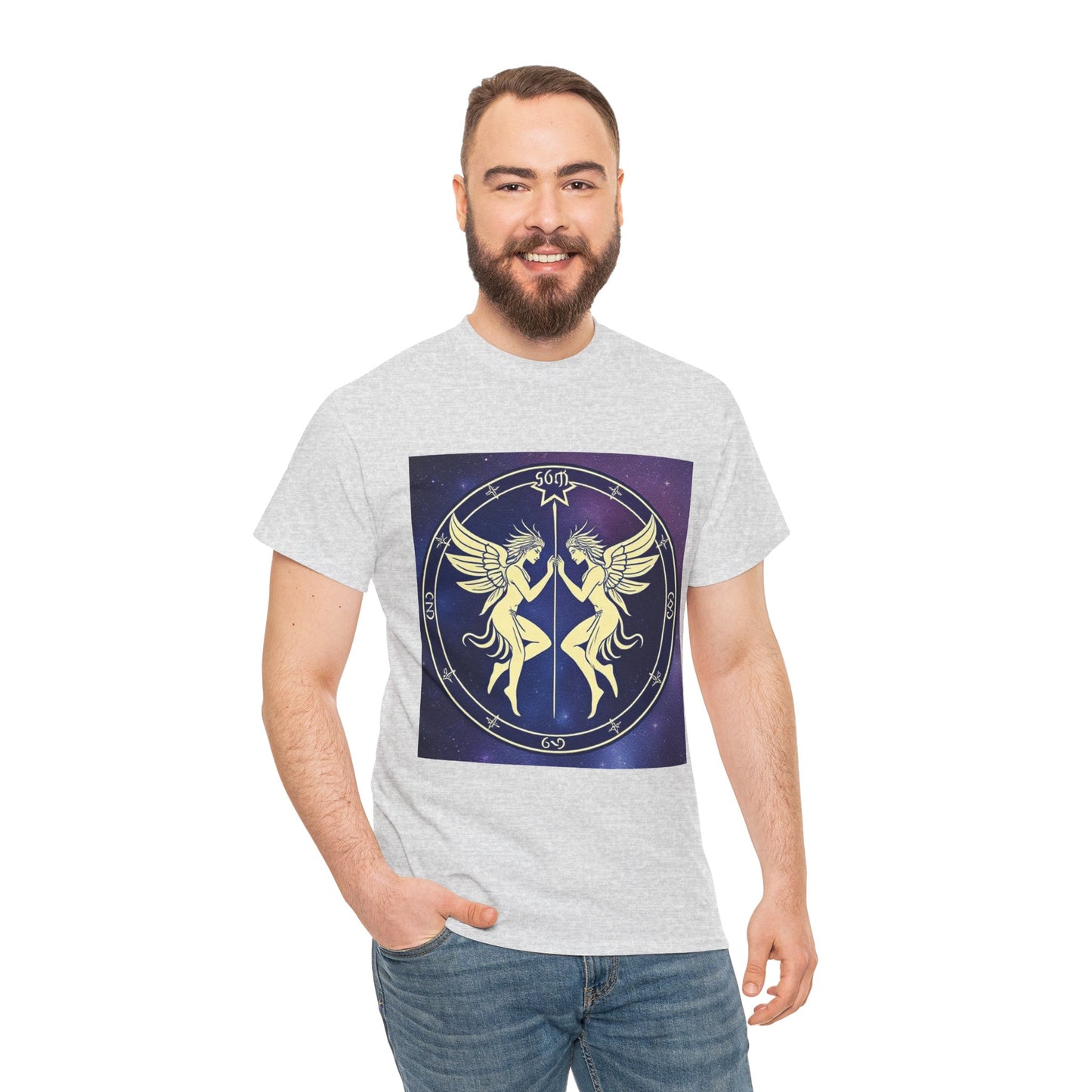 Unisex Heavy Cotton T-Shirt, Space Angel Twins, Gemini Zodiac Design