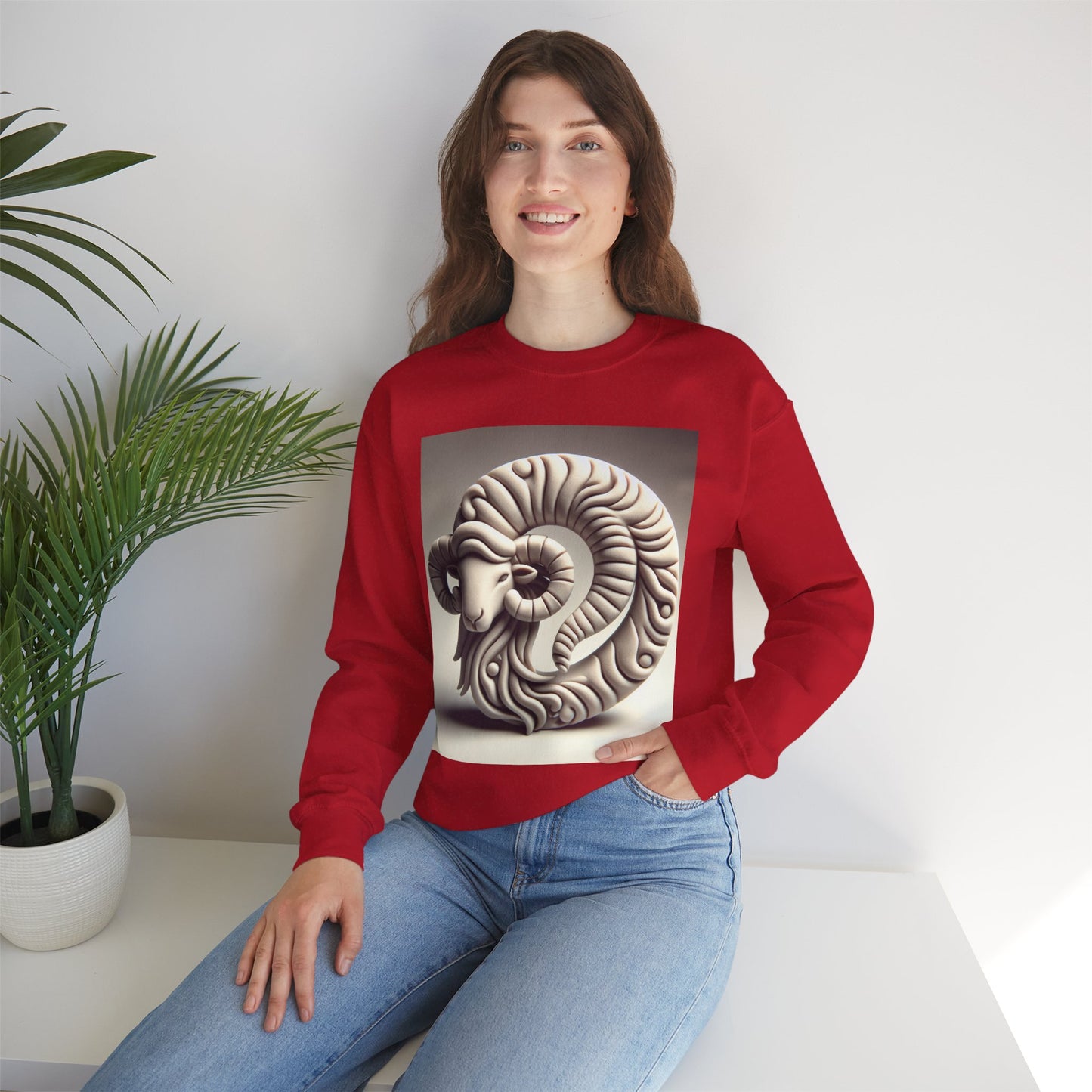Unisex Heavy Blend™ Crewneck Sweatshirt, Round Statue, Aries Zodiac Design