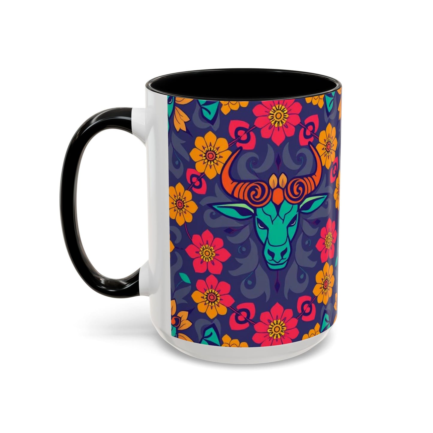 Accent Coffee Mug, Taurus, Zodiac. Flower Pattern, (11, 15oz)