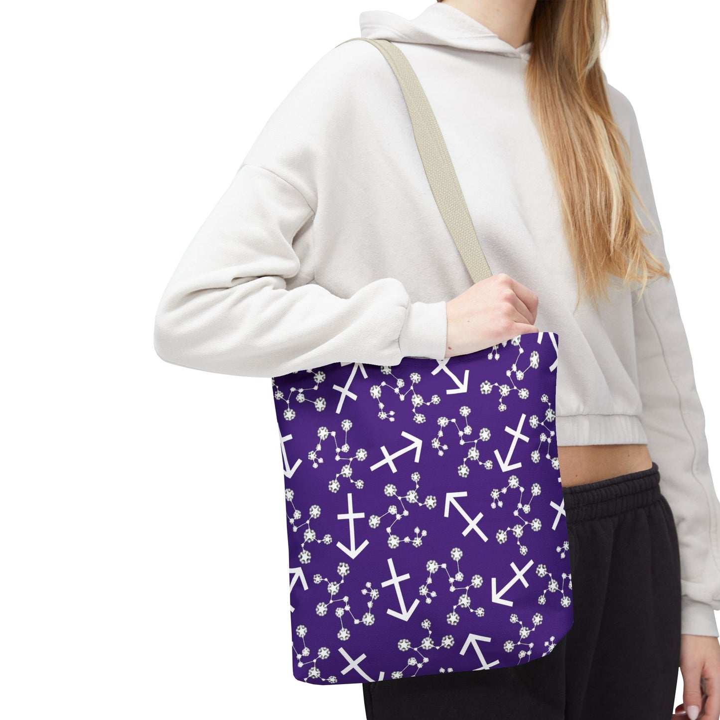 Tote Bag, Sagittarius Zodiac Sign, AOP, (Purple, White Print)