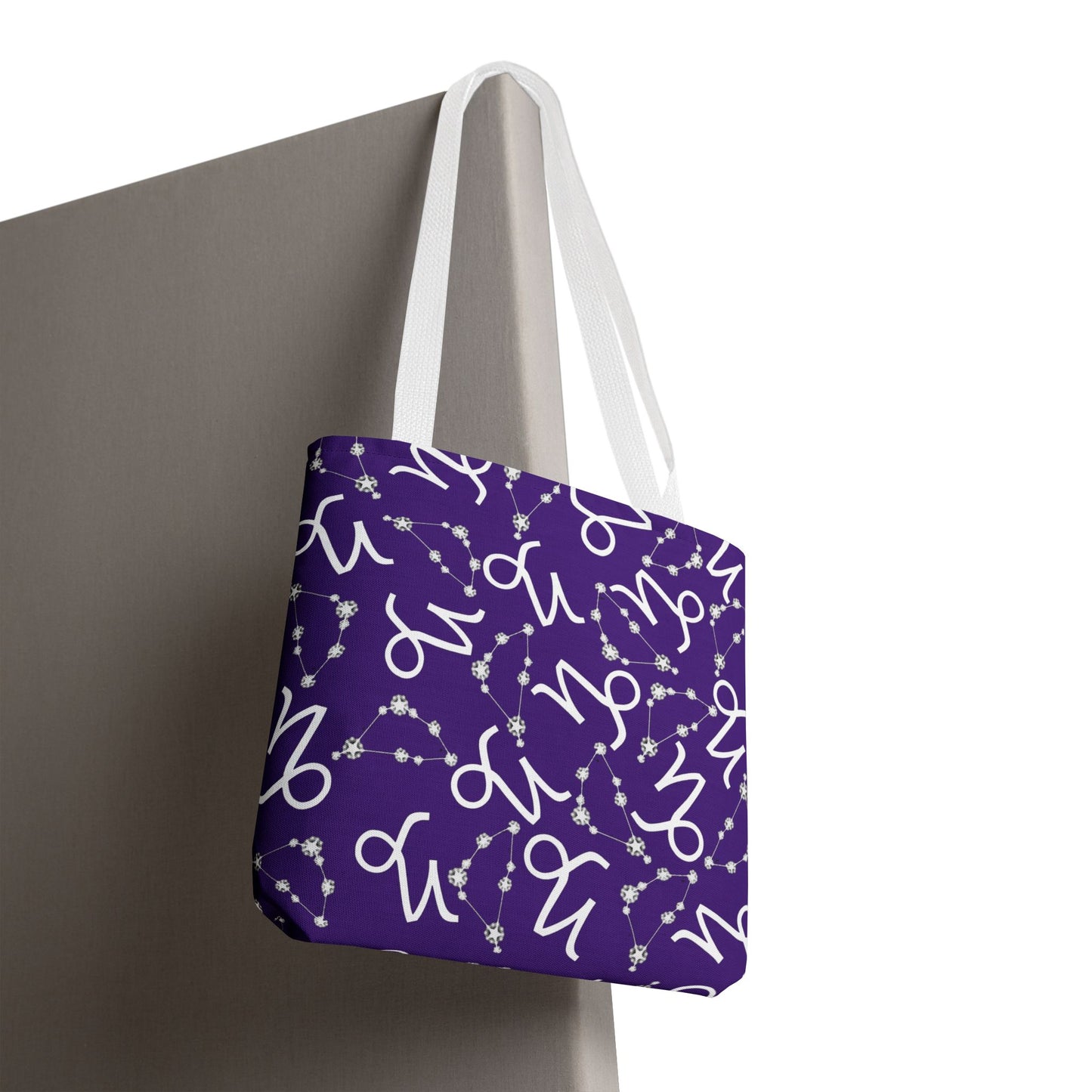 Tote Bag, Capricorn Zodiac Sign, AOP, (Purple, White)