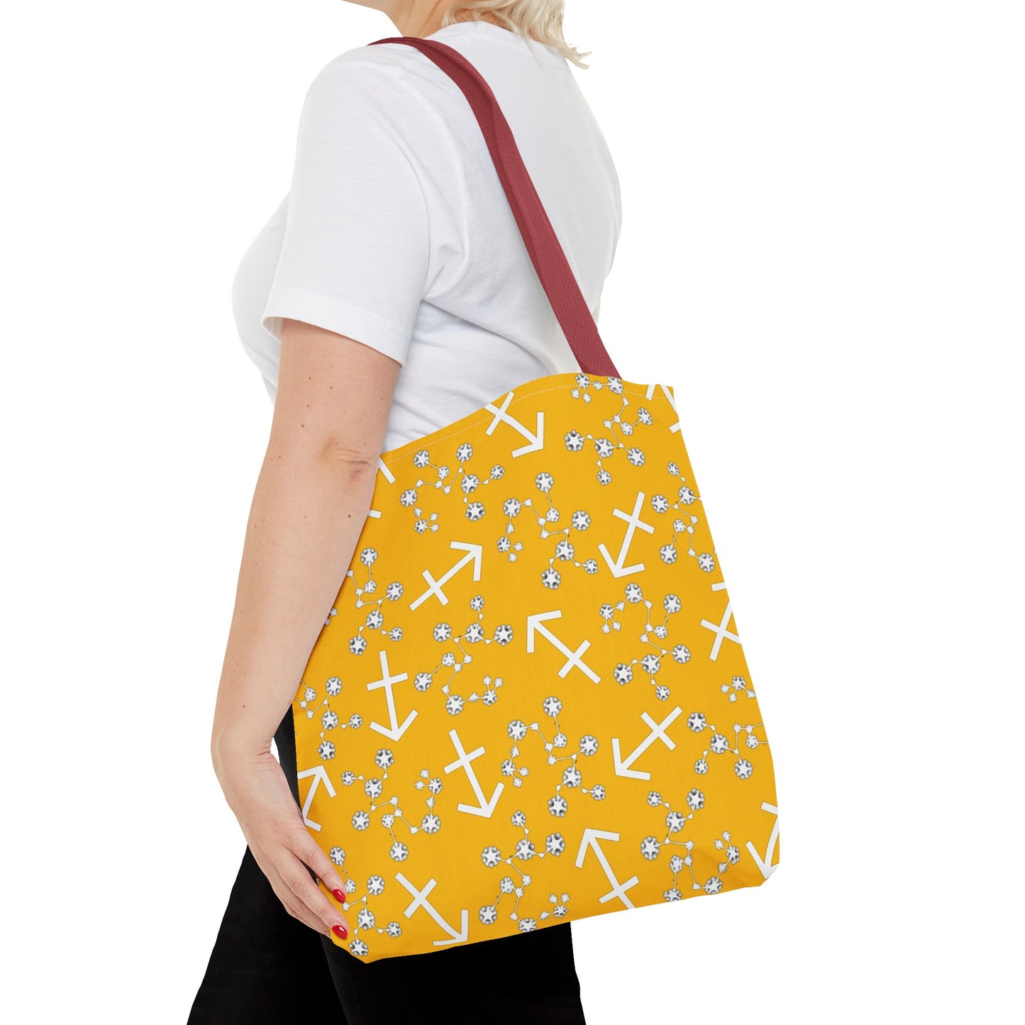 Tote Bag, Sagittarius Zodiac Sign, AOP, (Yellow, White Print)