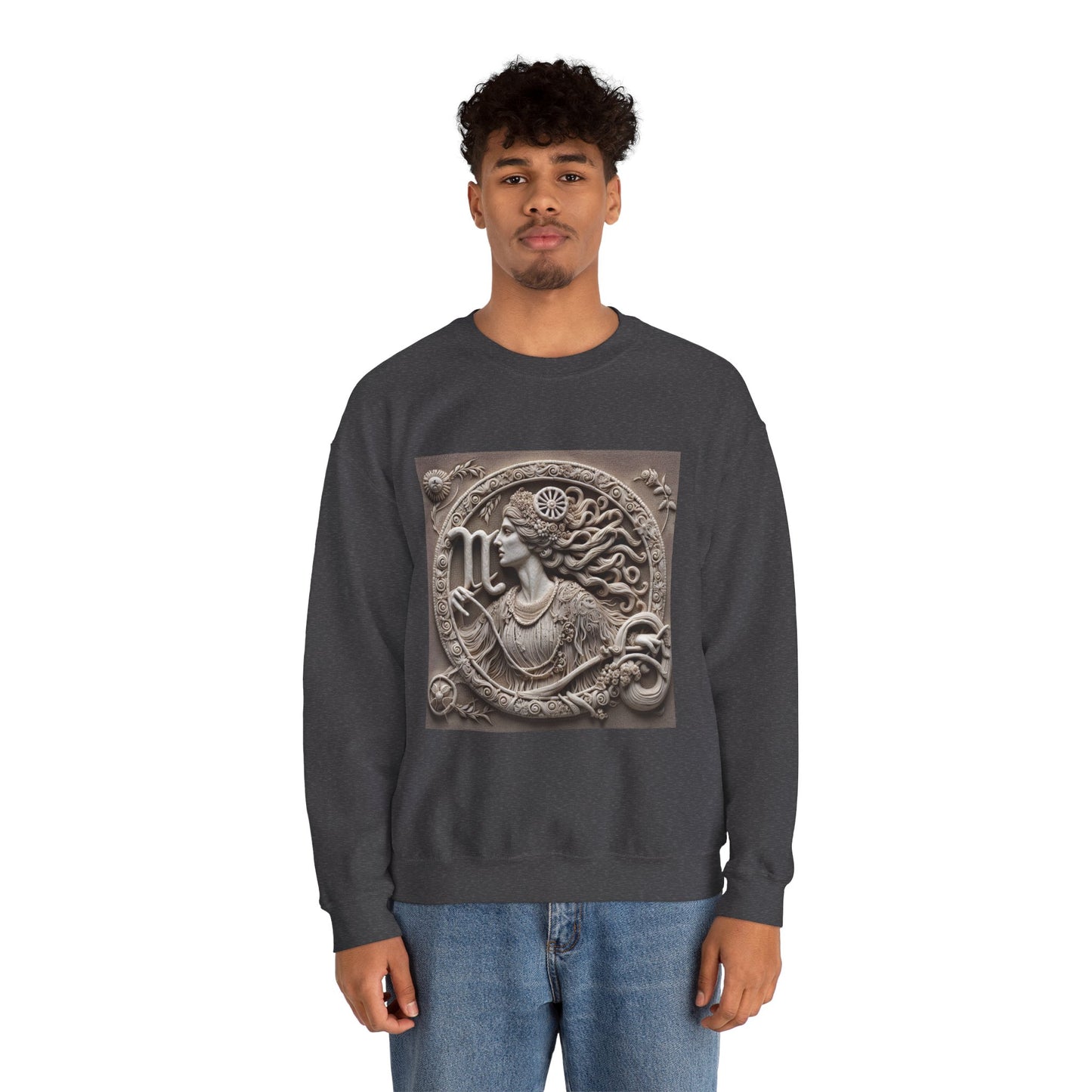 Unisex Heavy Blend™ Crewneck Sweatshirt, Stone Carving, Virgo Zodiac Design