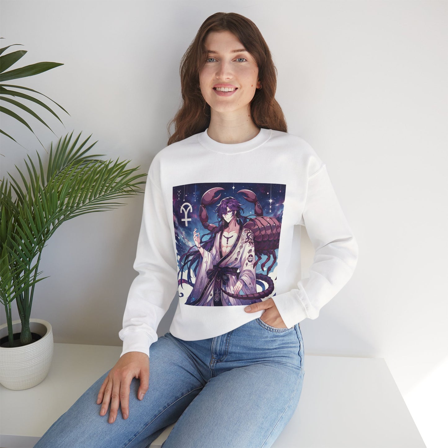Unisex Heavy Blend™ Crewneck Sweatshirt, Scorpio Zodiac Design, purple scorpion anime