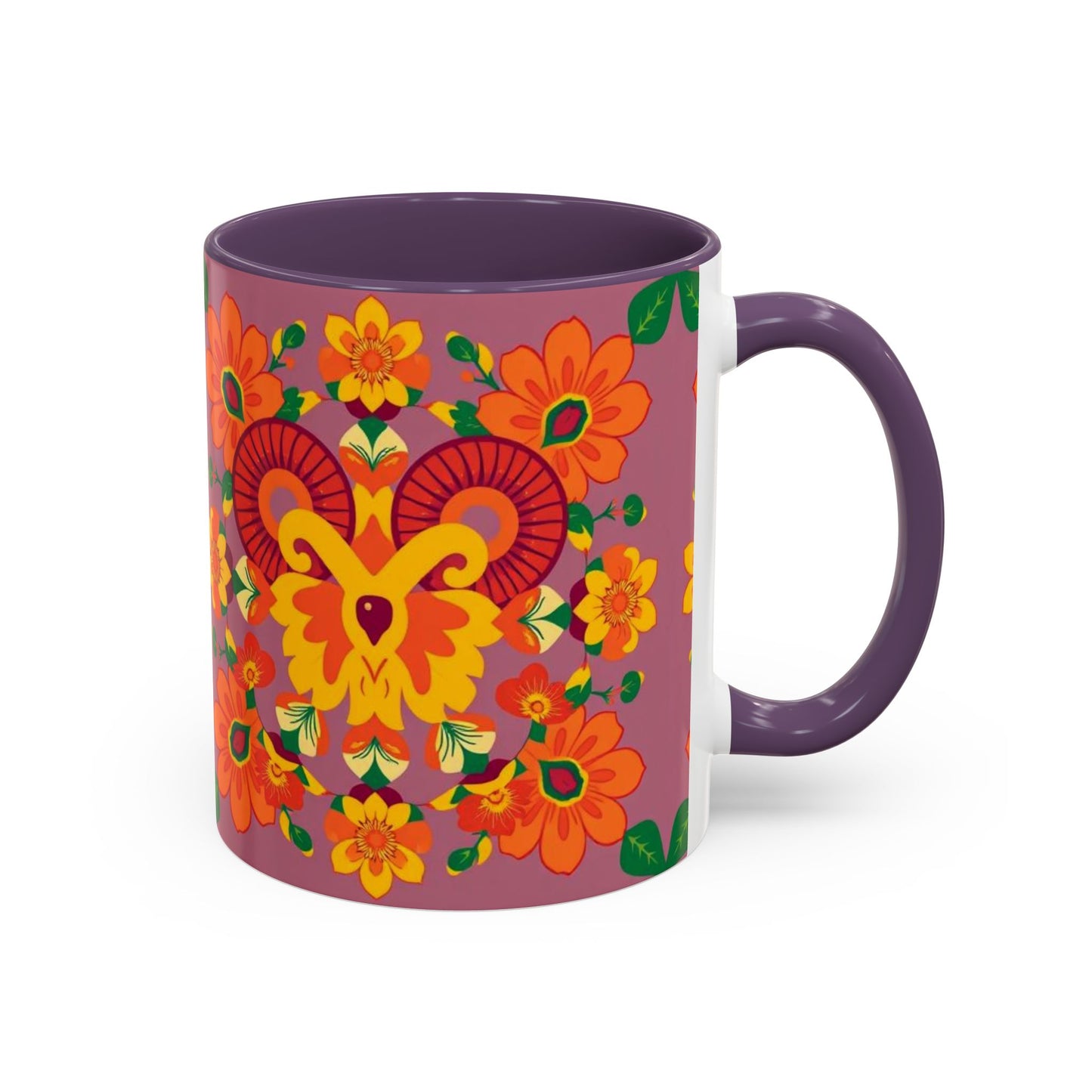 Accent Coffee Mug, Aries, Zodiac v1, Flower Pattern, (11, 15oz)