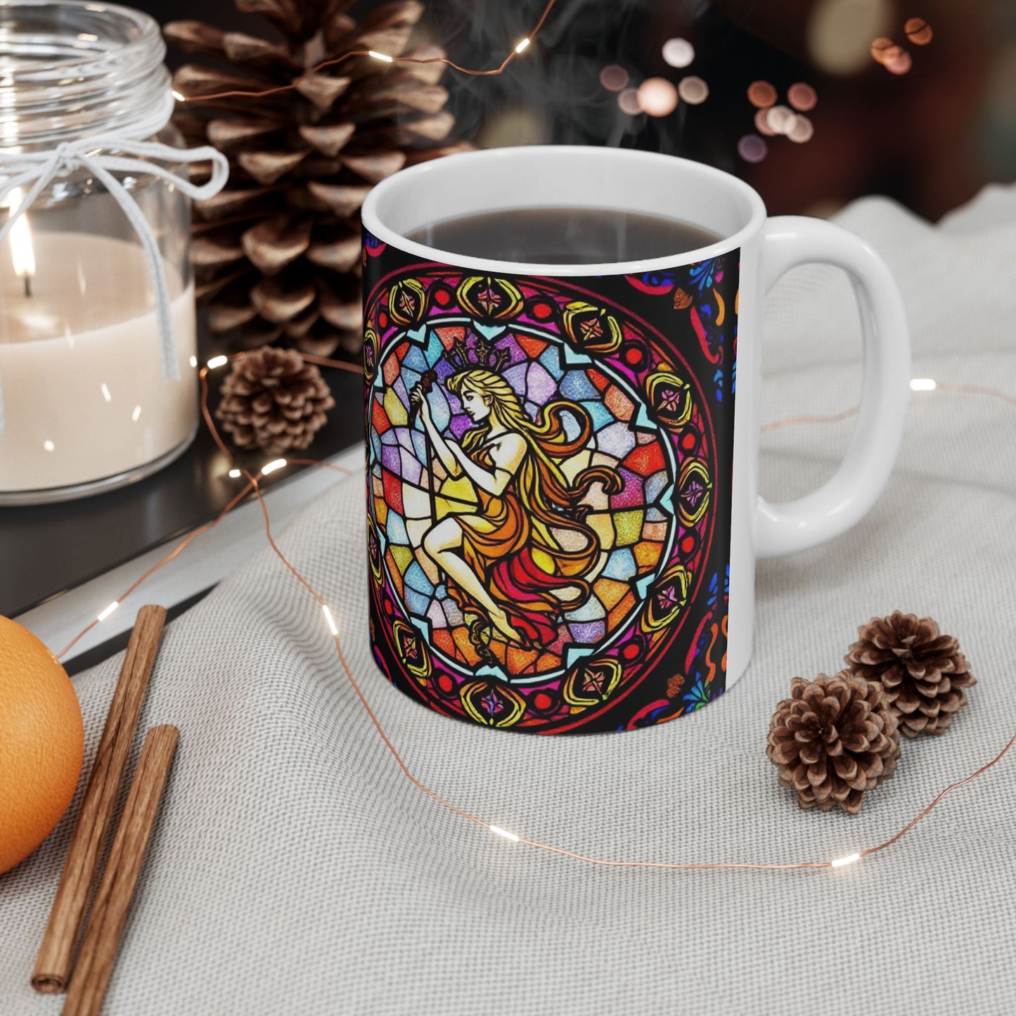 Ceramic Mug, (11oz, 15oz), Ceramic Coffee Mug, AOP, Glass Design, Virgo Zodiac