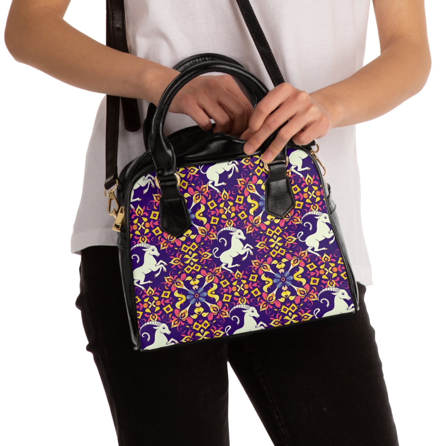 Shoulder Handbag, Capricorn, Zodiac v2, Flower Pattern