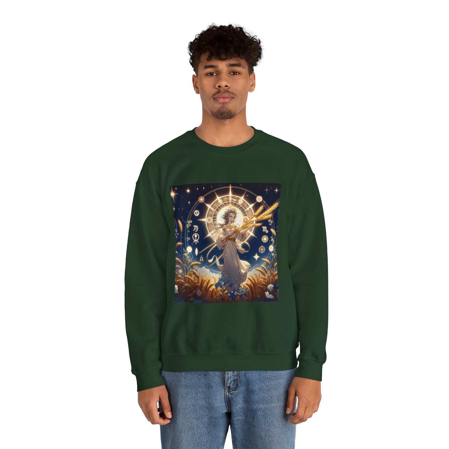 Unisex Heavy Blend™ Crewneck Sweatshirt, anime girl in wheat field, Virgo Zodiac Design