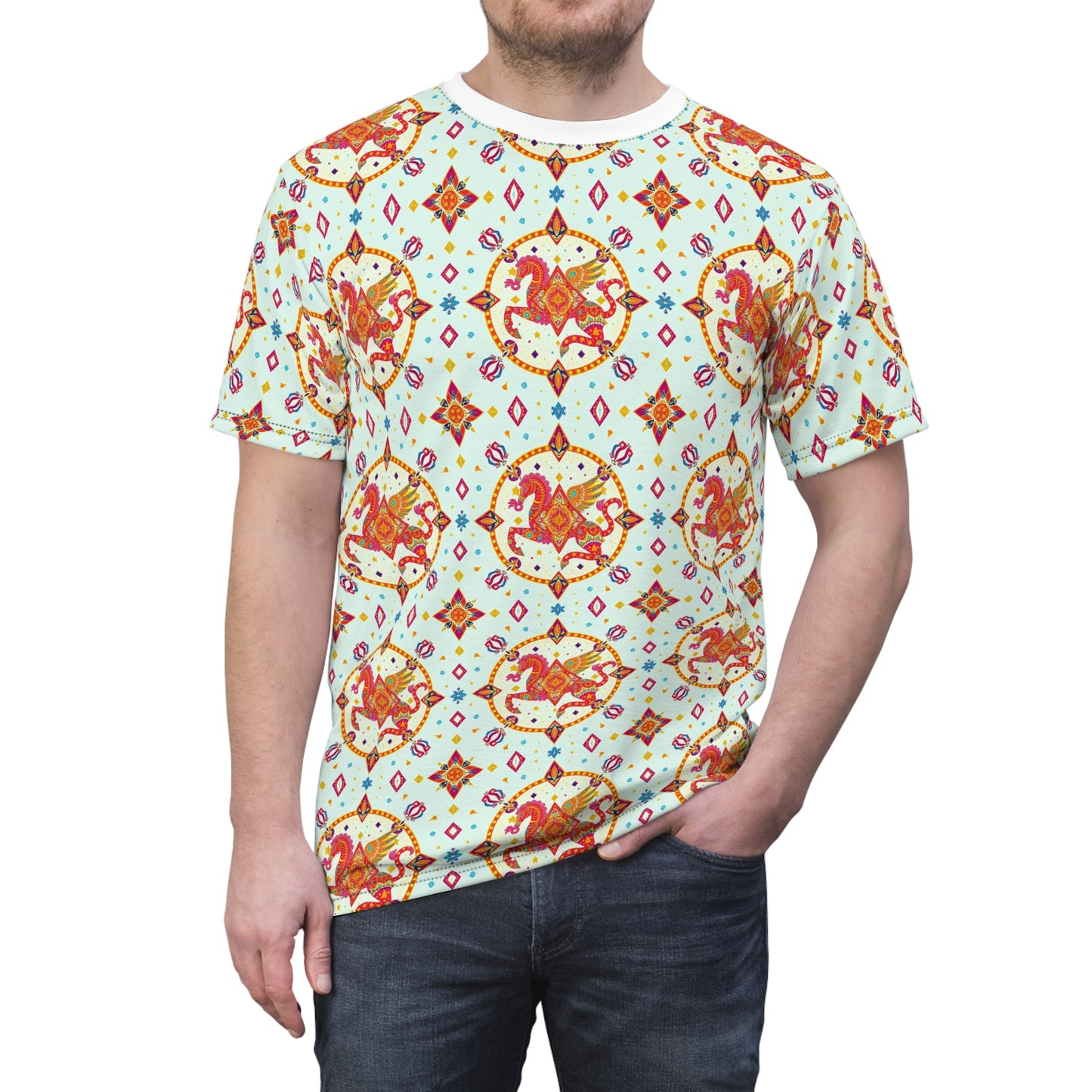 Unisex Cut & Sew T-Shirt, (AOP) Aquarius, Zodiac v2, Jewels Pattern