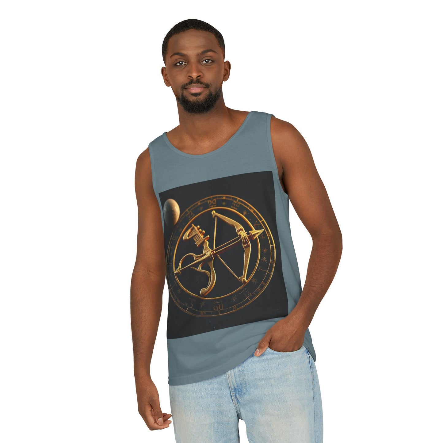 Unisex Garment-Dyed, Tank Top, Sagittarius Design, Planet Symbol v1, 100% US cotton