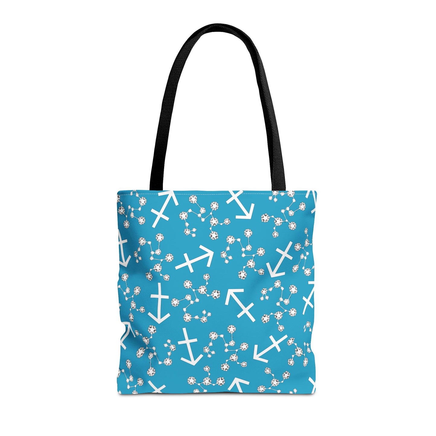 Tote Bag, Sagittarius Zodiac Sign, AOP, (Turquoise, White Print)