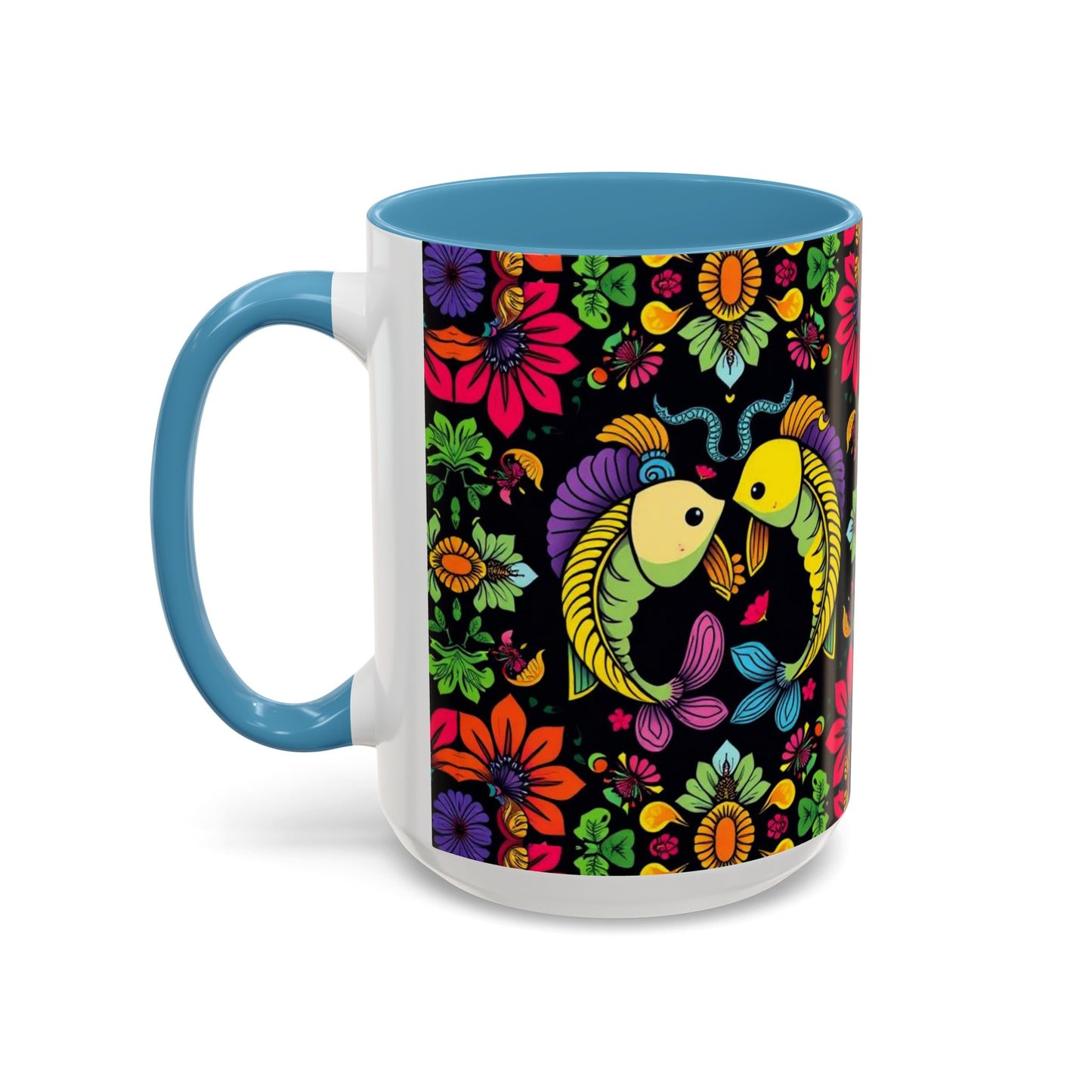 Accent Coffee Mug, Pisces, Zodiac v3, Flower Pattern, (11, 15oz)