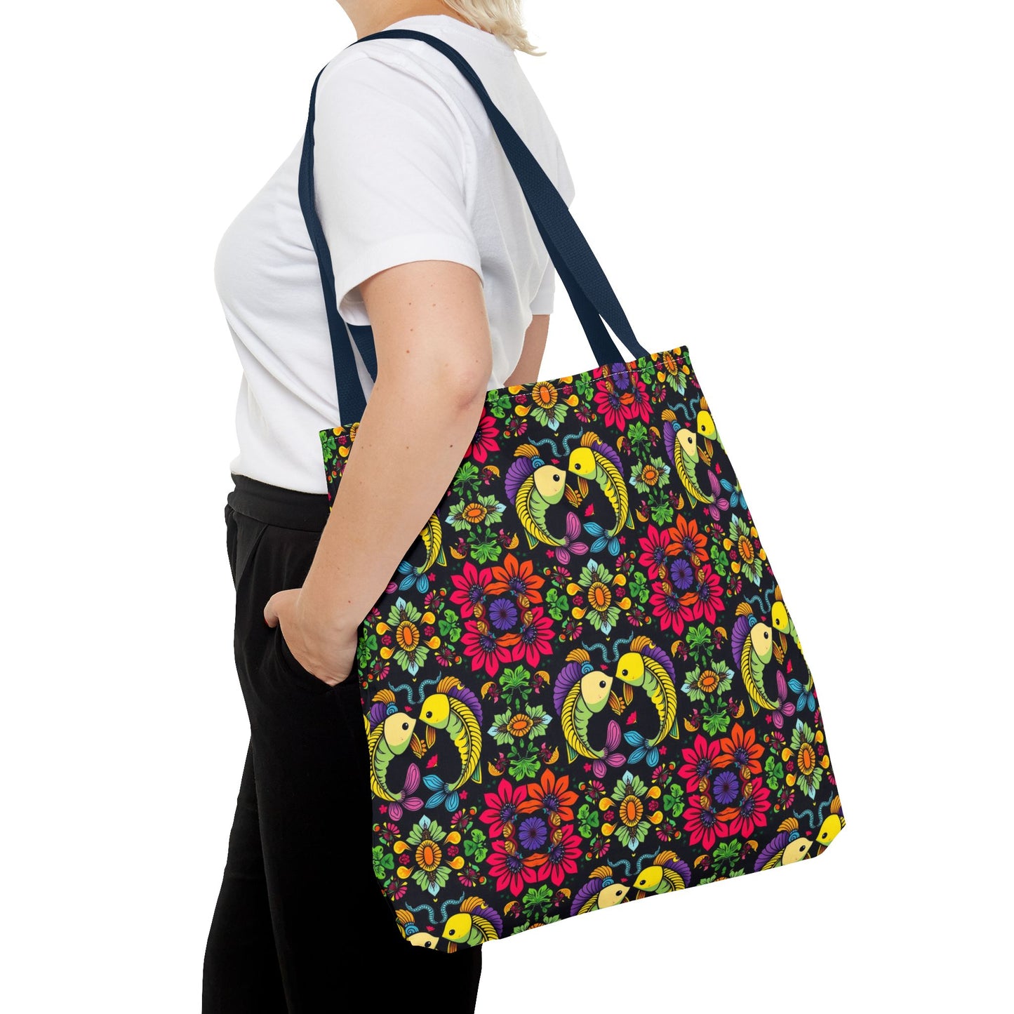Tote Bag, (AOP), Pisces, Zodiac, Flower Pattern