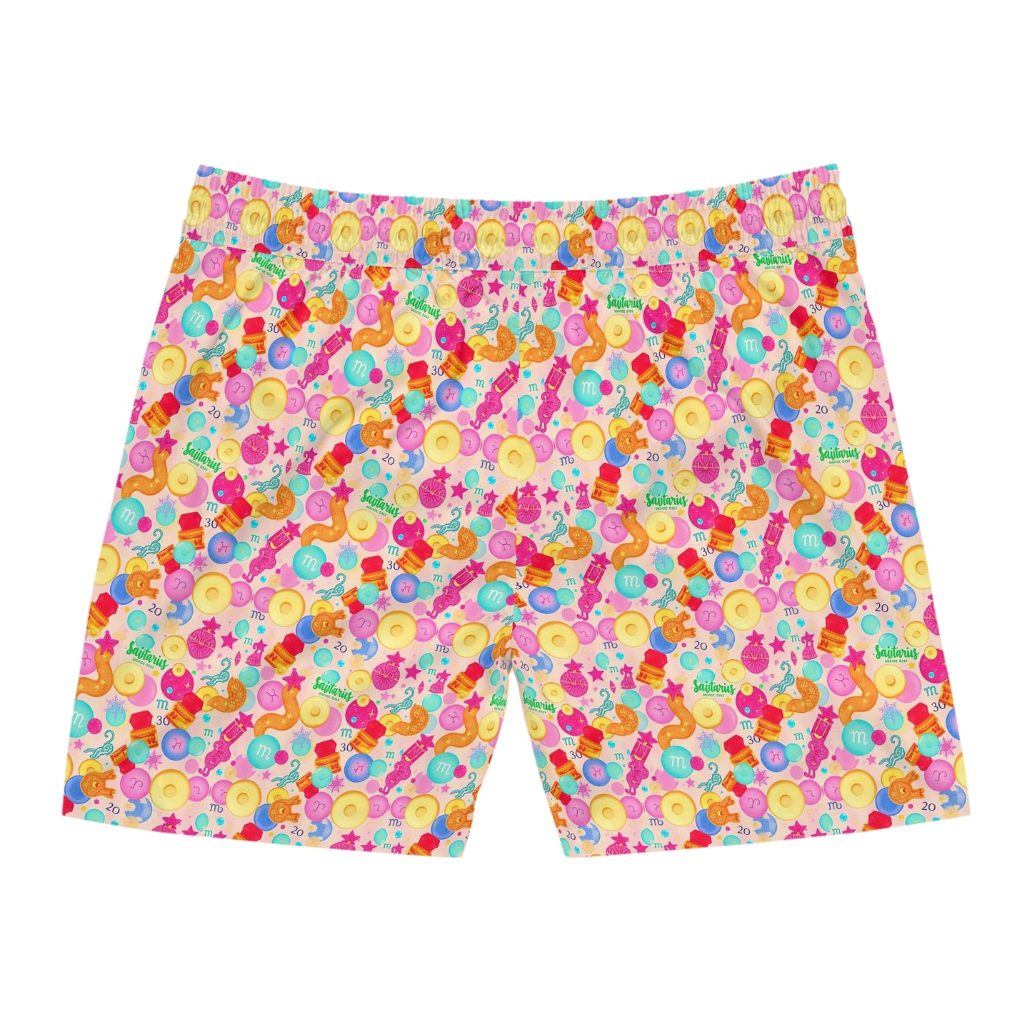 Men's Mid-Length Swim Shorts, (AOP), Sagittarius, Zodiac v1, Bubble Pattern