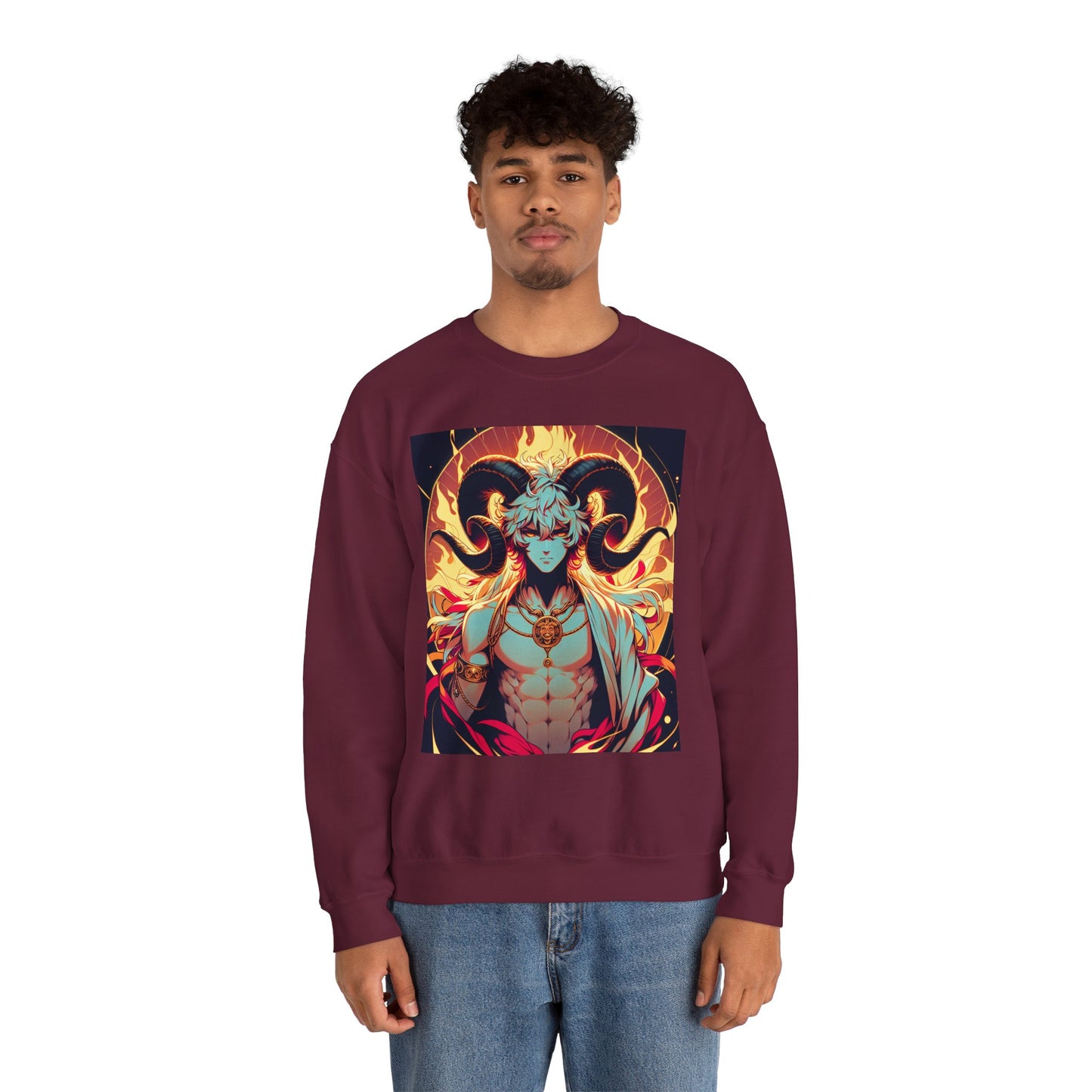 Unisex Heavy Blend™ Crewneck Sweatshirt, Anime Fire Aries, Zodiac Design