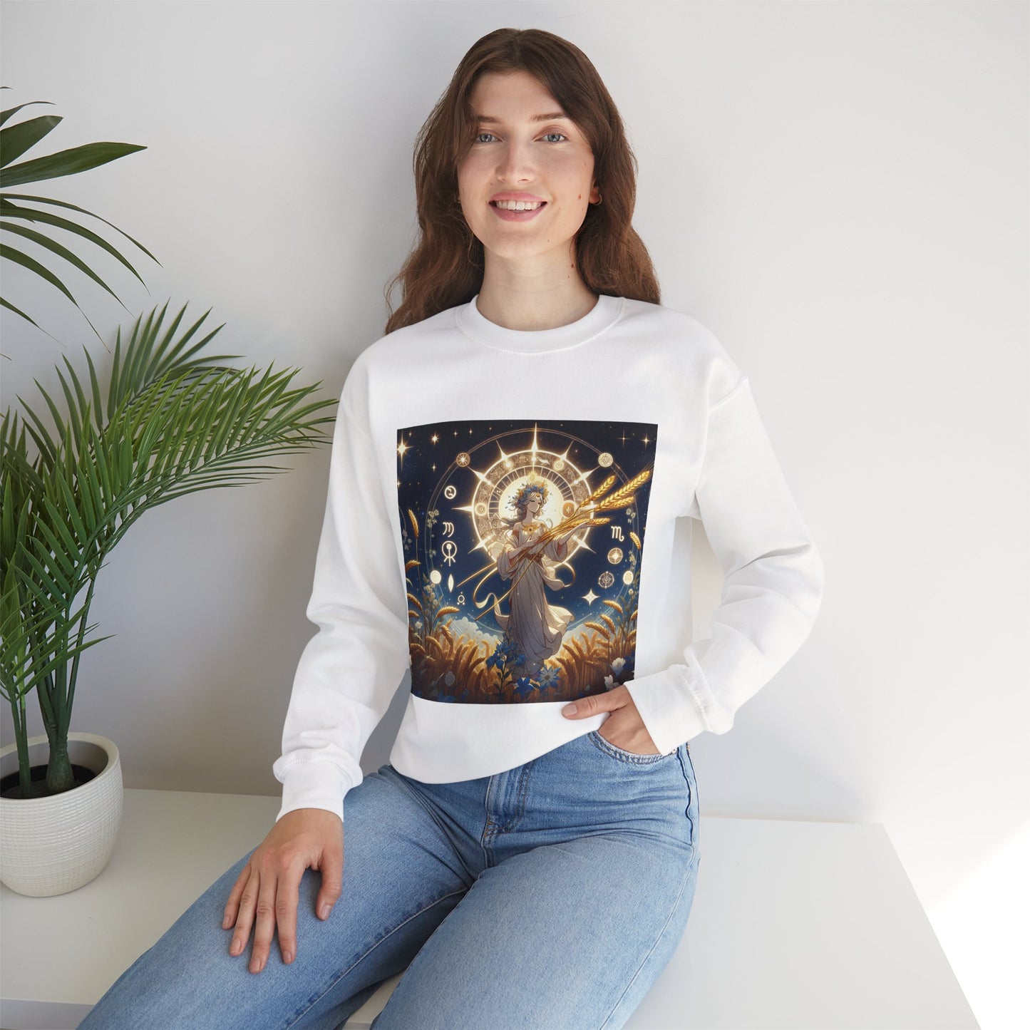Unisex Heavy Blend™ Crewneck Sweatshirt, anime girl in wheat field, Virgo Zodiac Design