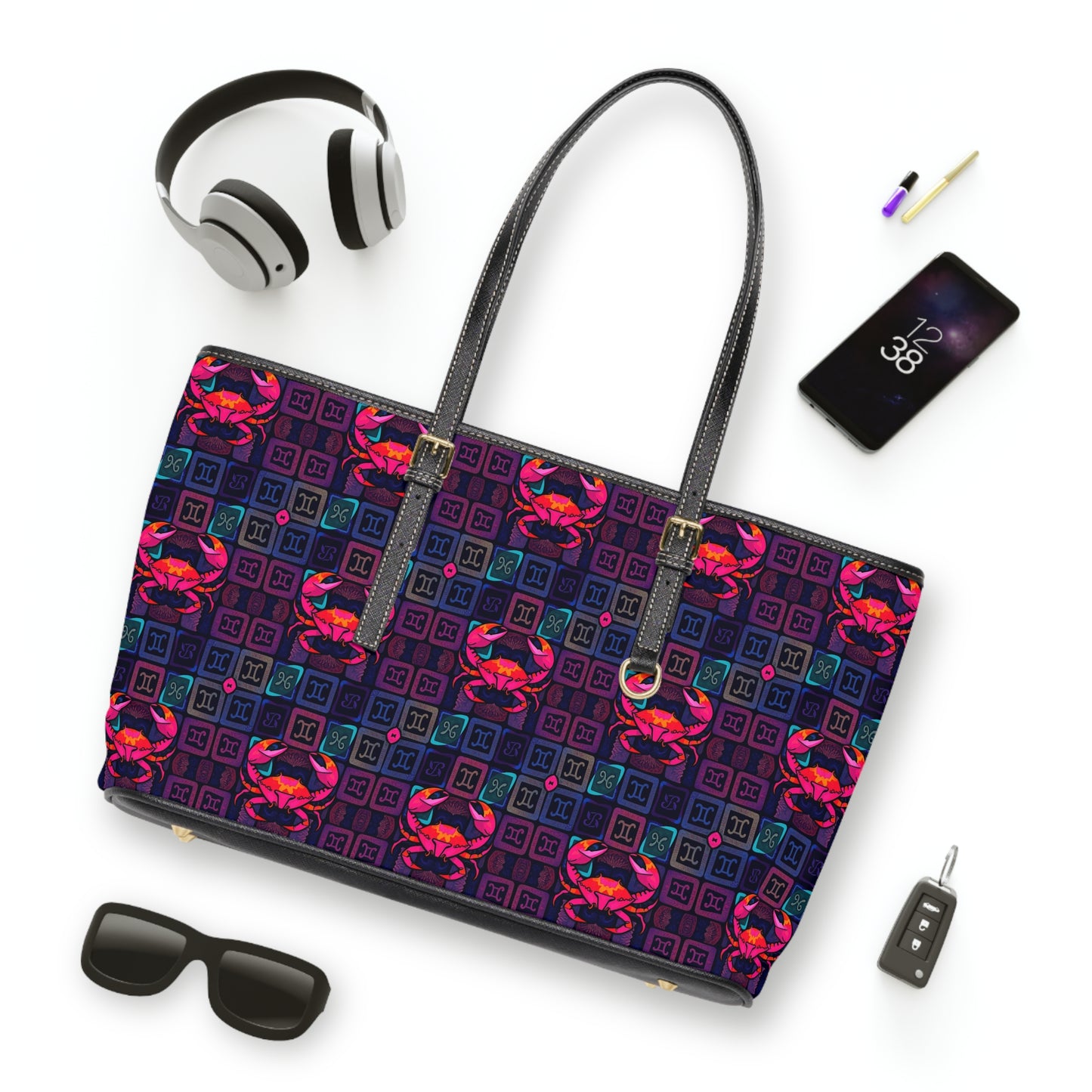 Leather Shoulder Bag, Cancer, Zodiac v3, Shapes Pattern