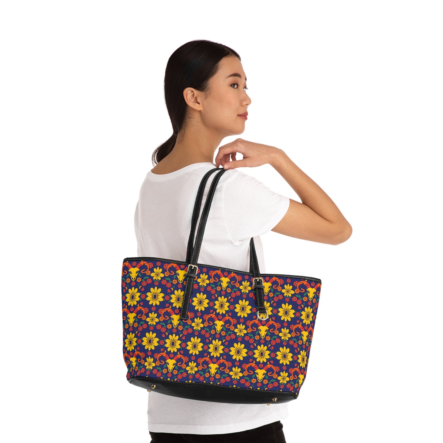 Leather Shoulder Bag, Aries, Zodiac v2, Flower Pattern