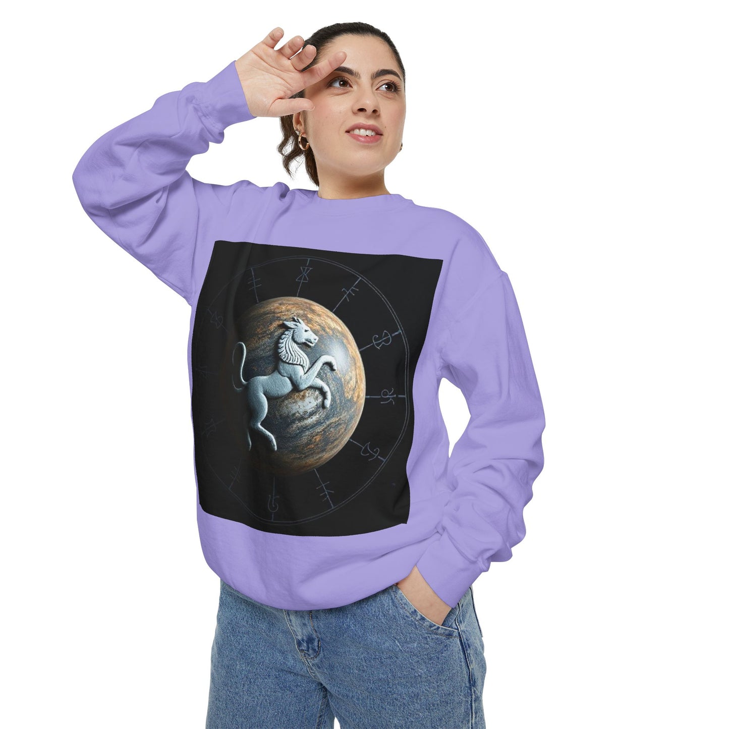 Garment-Dyed Sweatshirt, Unisex, Space Animal Design, Aquarius