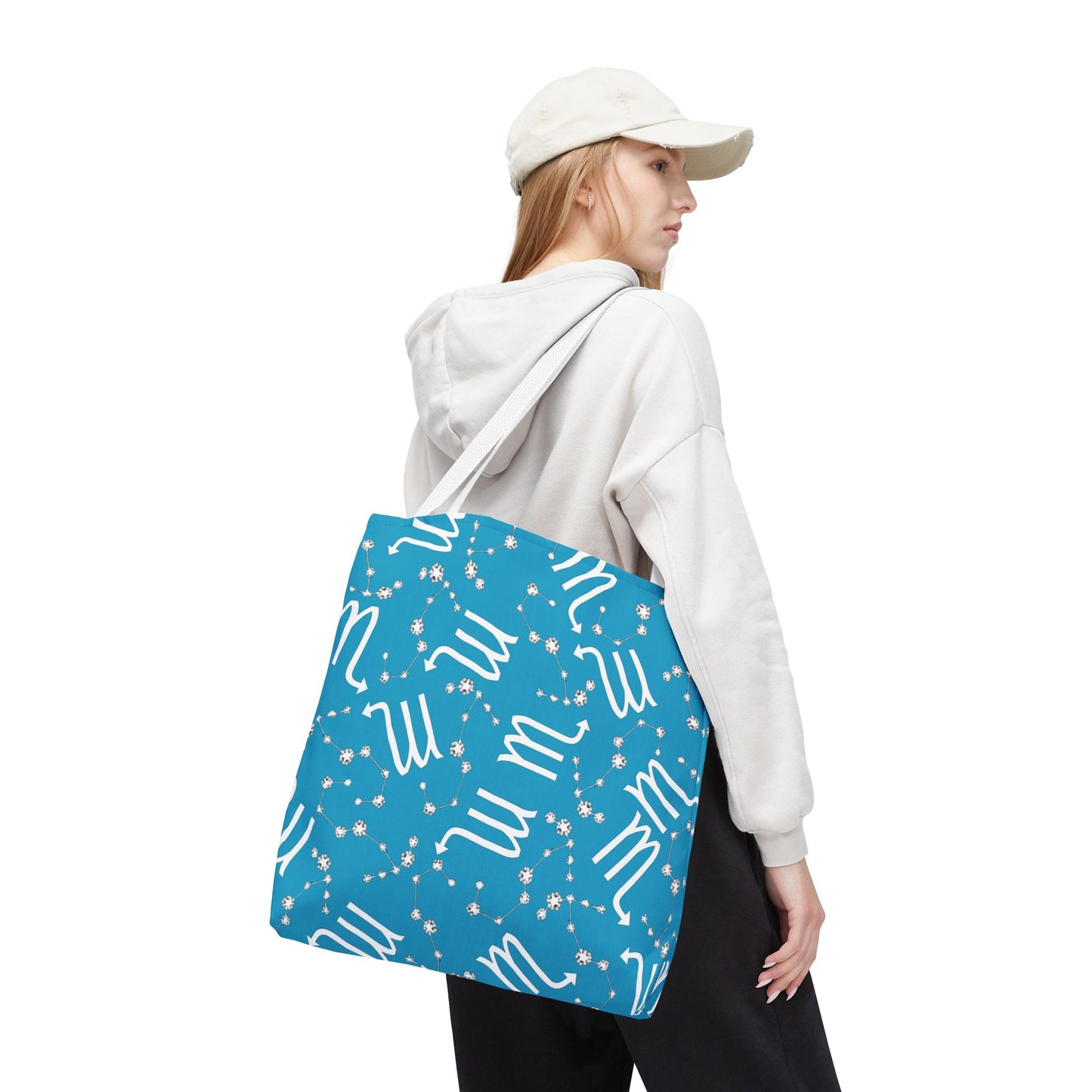 Tote Bag, Scorpio Zodiac Sign, AOP, (Turquoise, White)