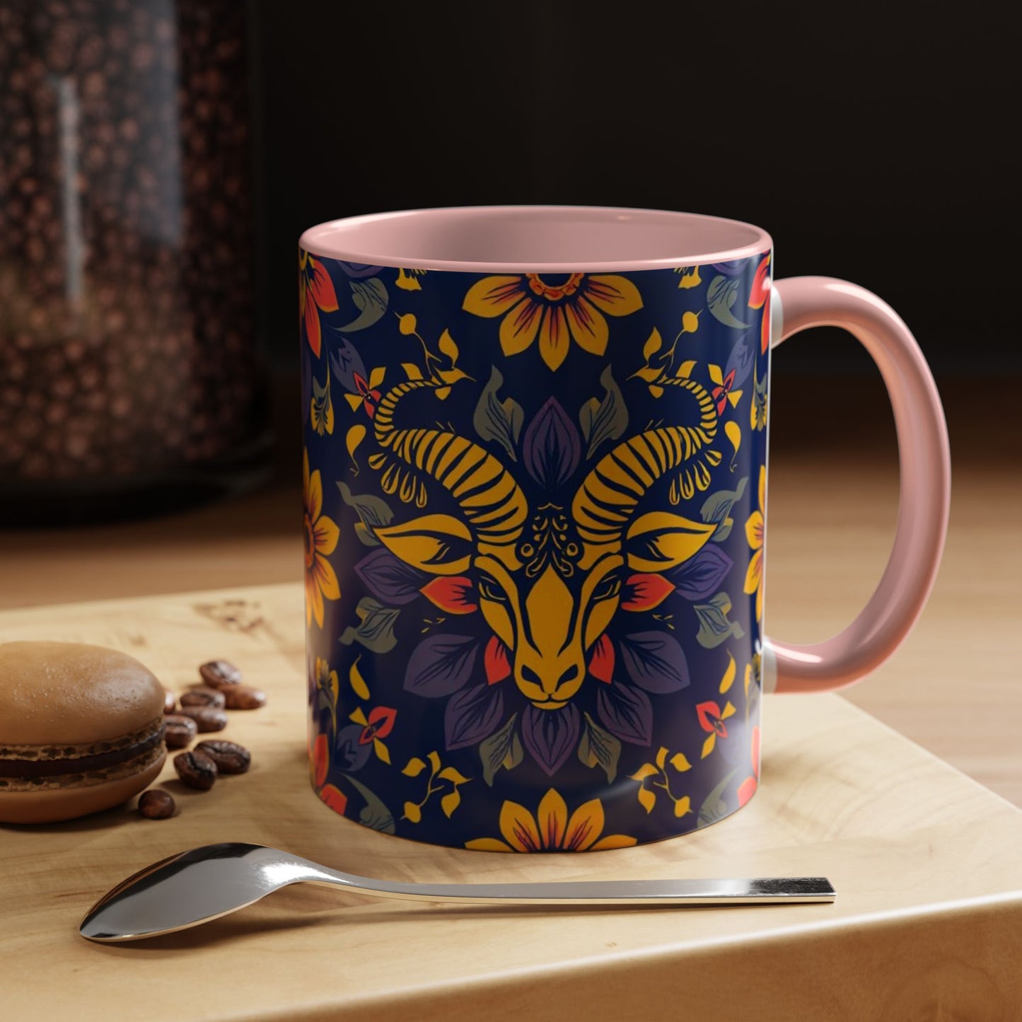 Accent Coffee Mug, Taurus, Zodiac v1. Flower Pattern, (11, 15oz)