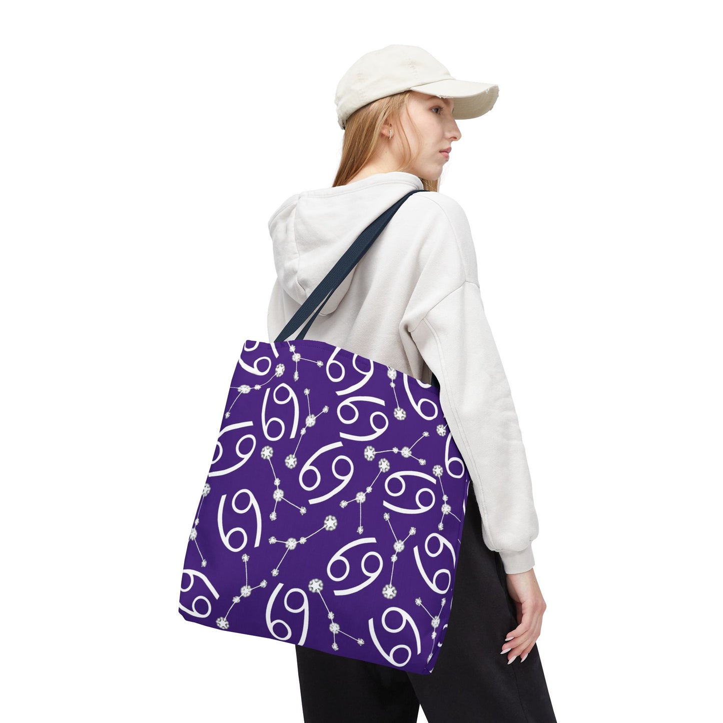 Tote Bag, Cancer Zodiac Sign, AOP, (Purple, White)