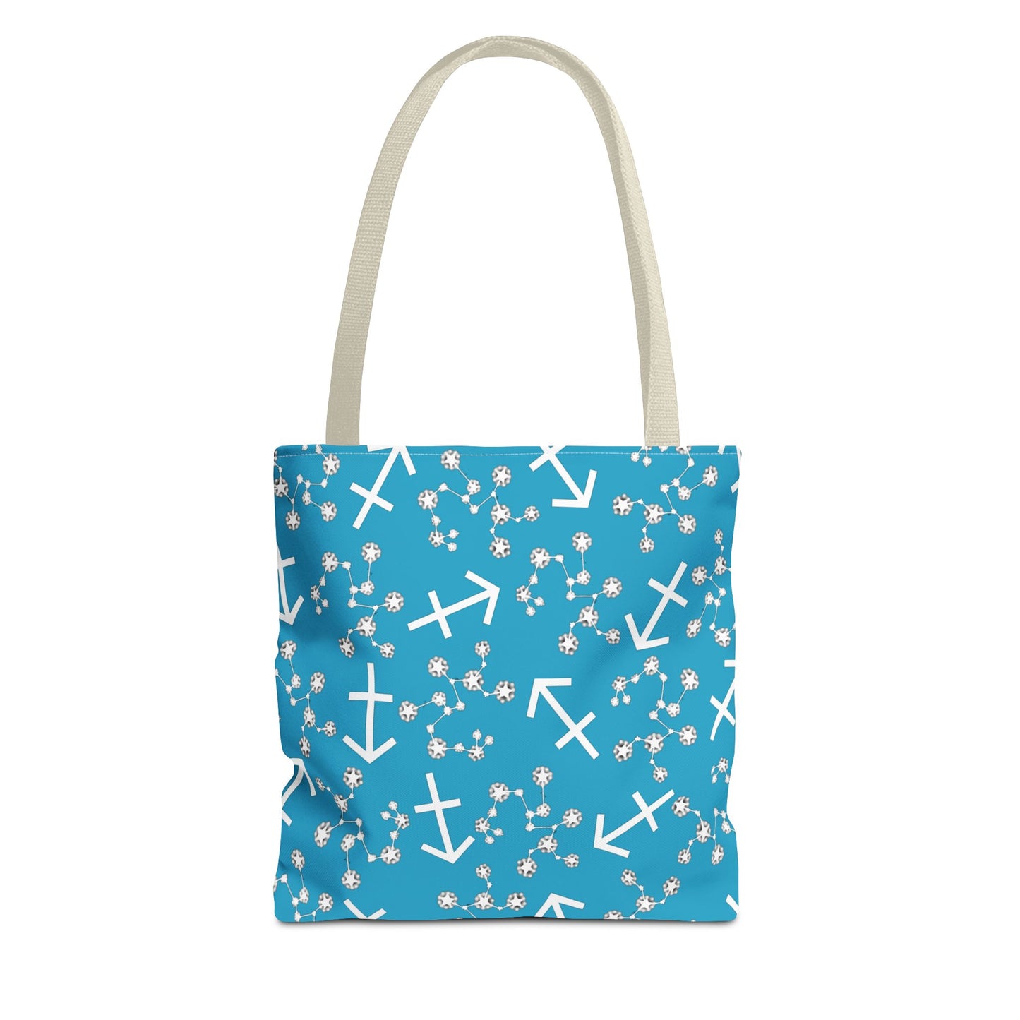 Tote Bag, Sagittarius Zodiac Sign, AOP, (Turquoise, White Print)