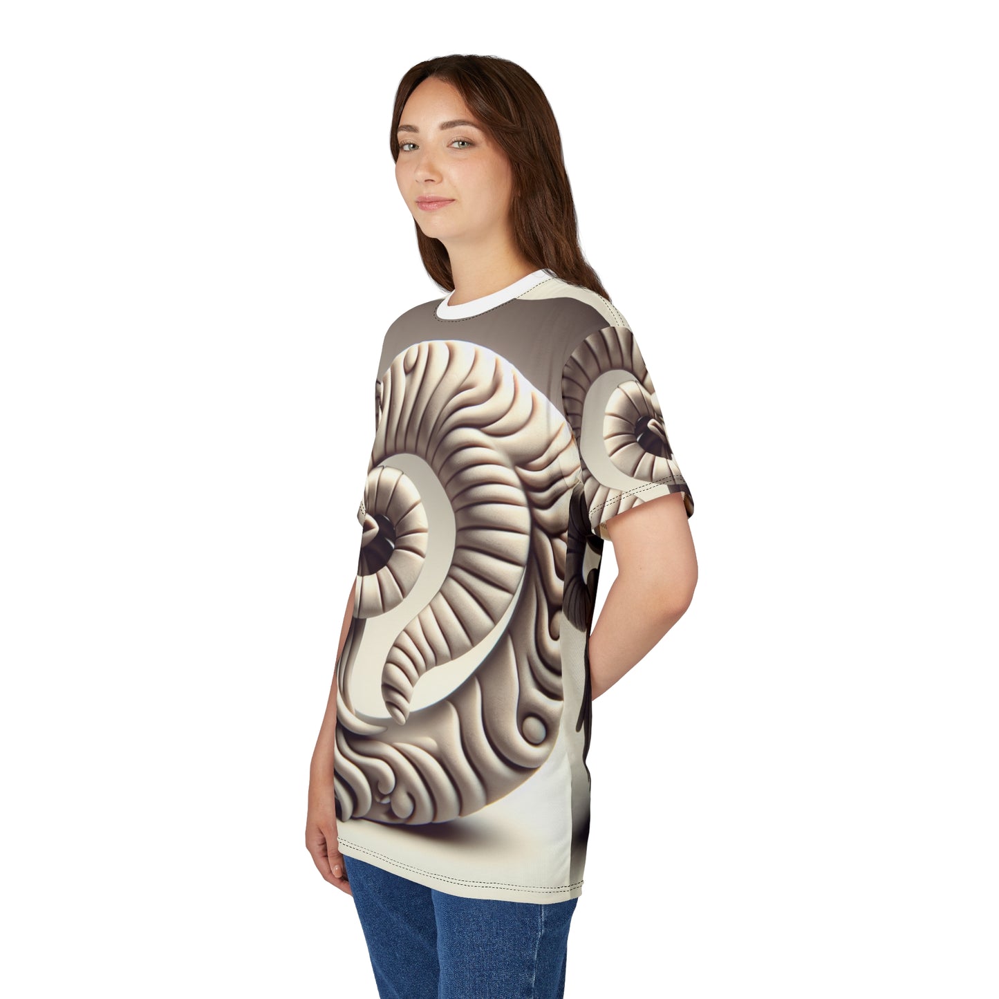 Unisex Cut & Sew T-Shirt (AOP), Stone Carving, Aries Zodiac Design, Regular fit, 100% Polyester