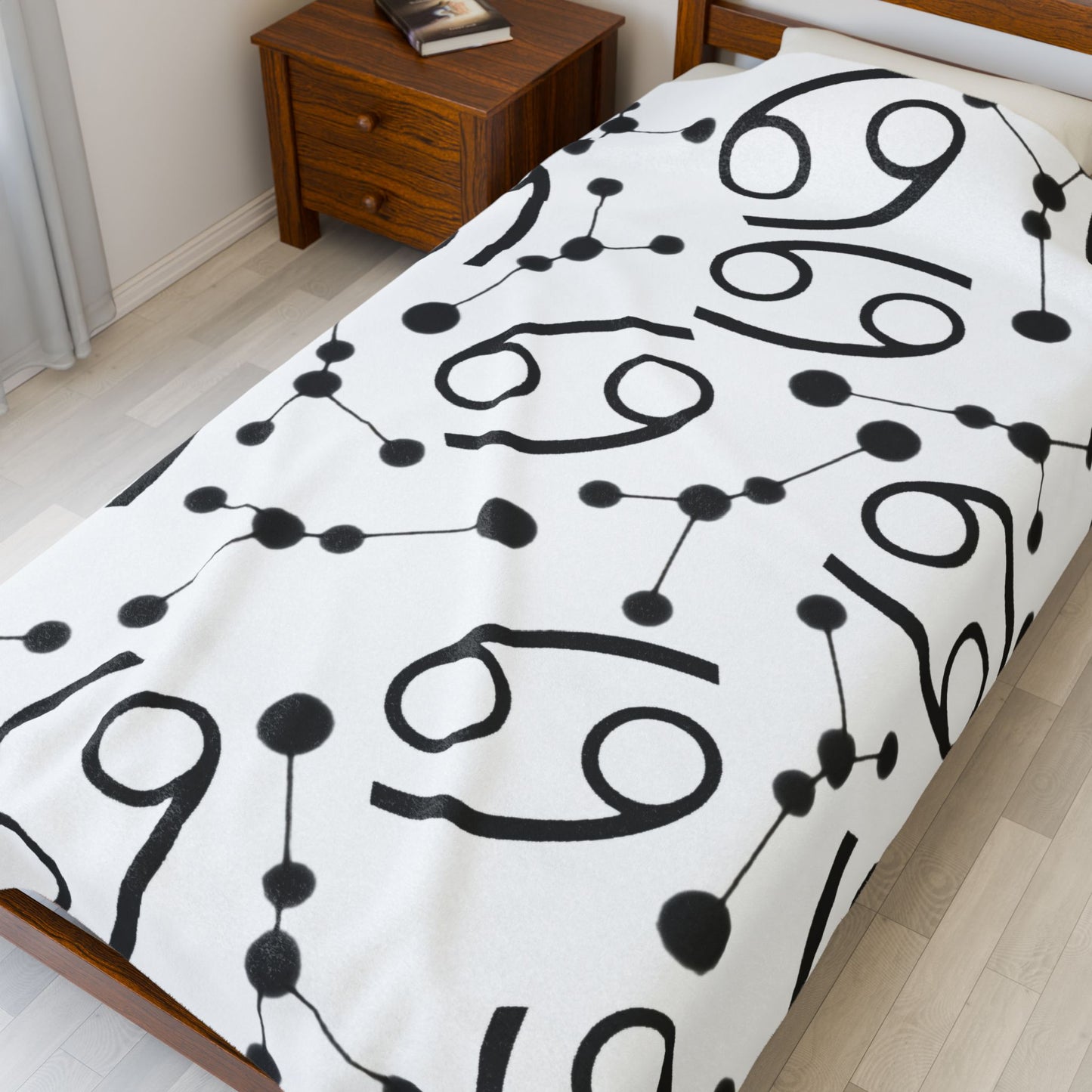 Velveteen Plush Blanket, Cancer Zodiac Sign, Constellation & Symbol, White, 100% polyester