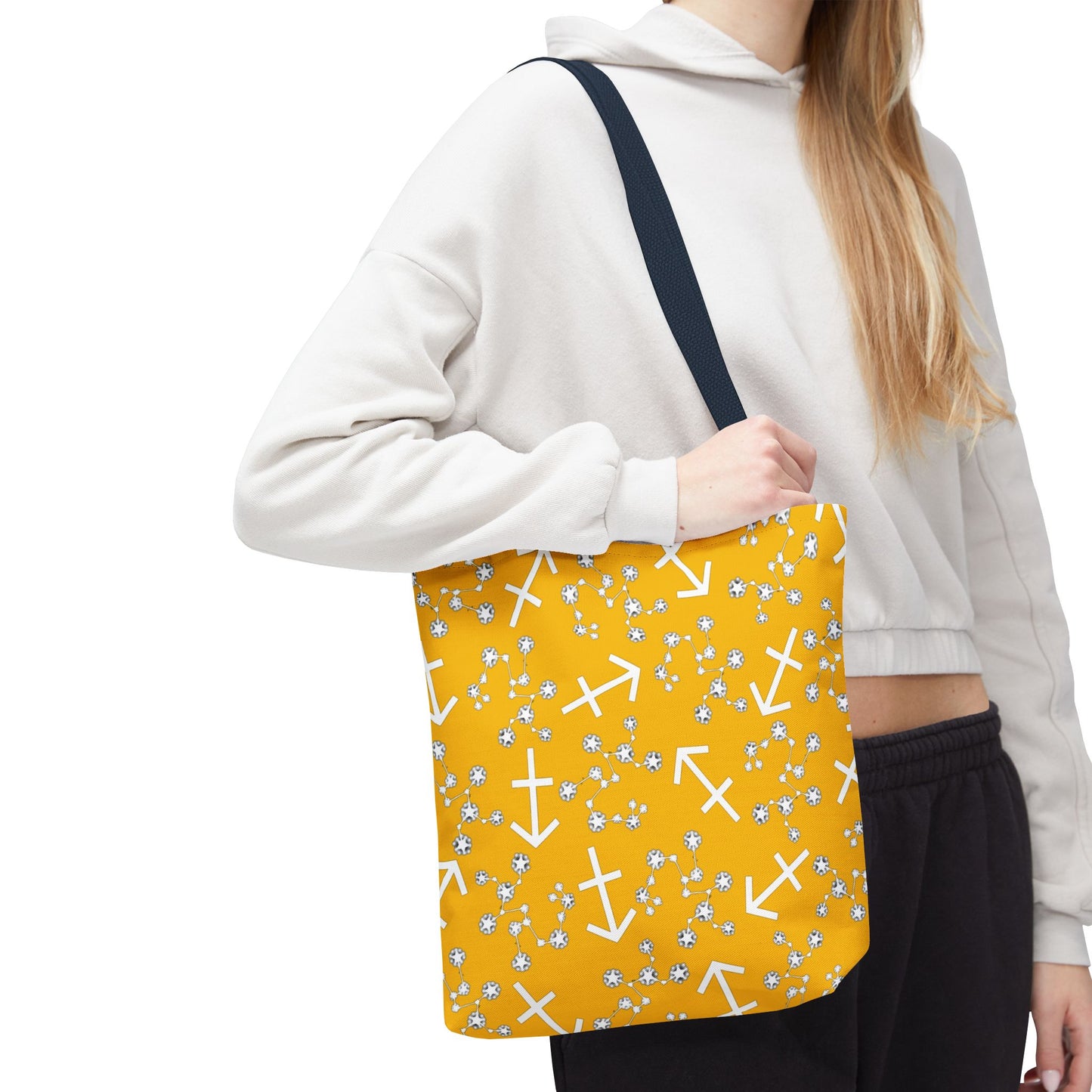 Tote Bag, Sagittarius Zodiac Sign, AOP, (Yellow, White Print)