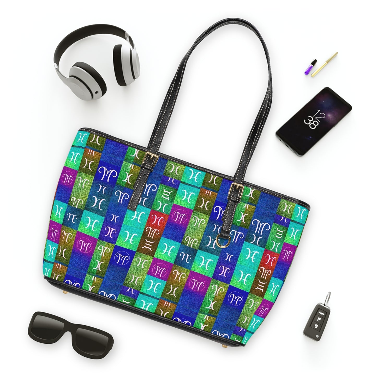 Leather Shoulder Bag, Aquarius, Zodiac v2, Shapes Pattern