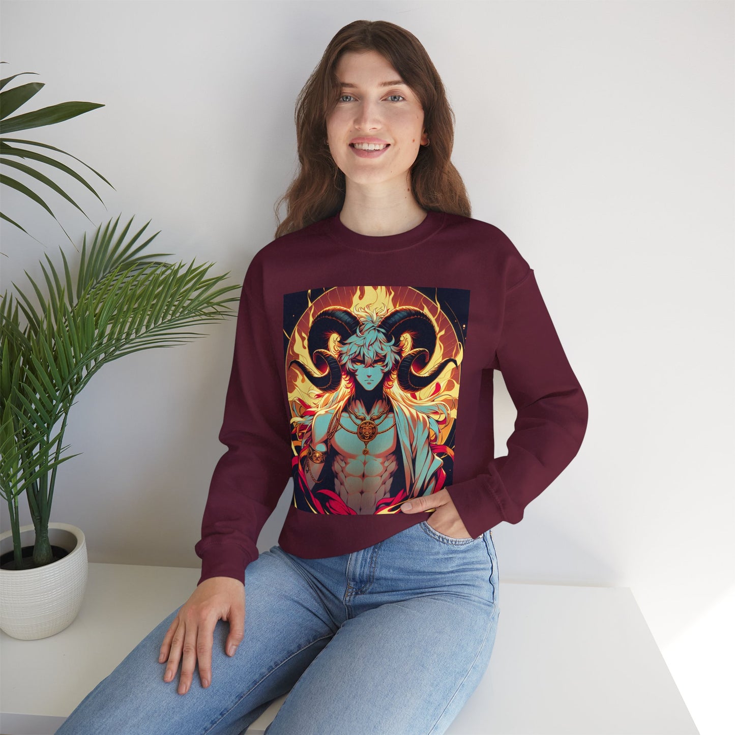 Unisex Heavy Blend™ Crewneck Sweatshirt, Anime Fire Aries, Zodiac Design