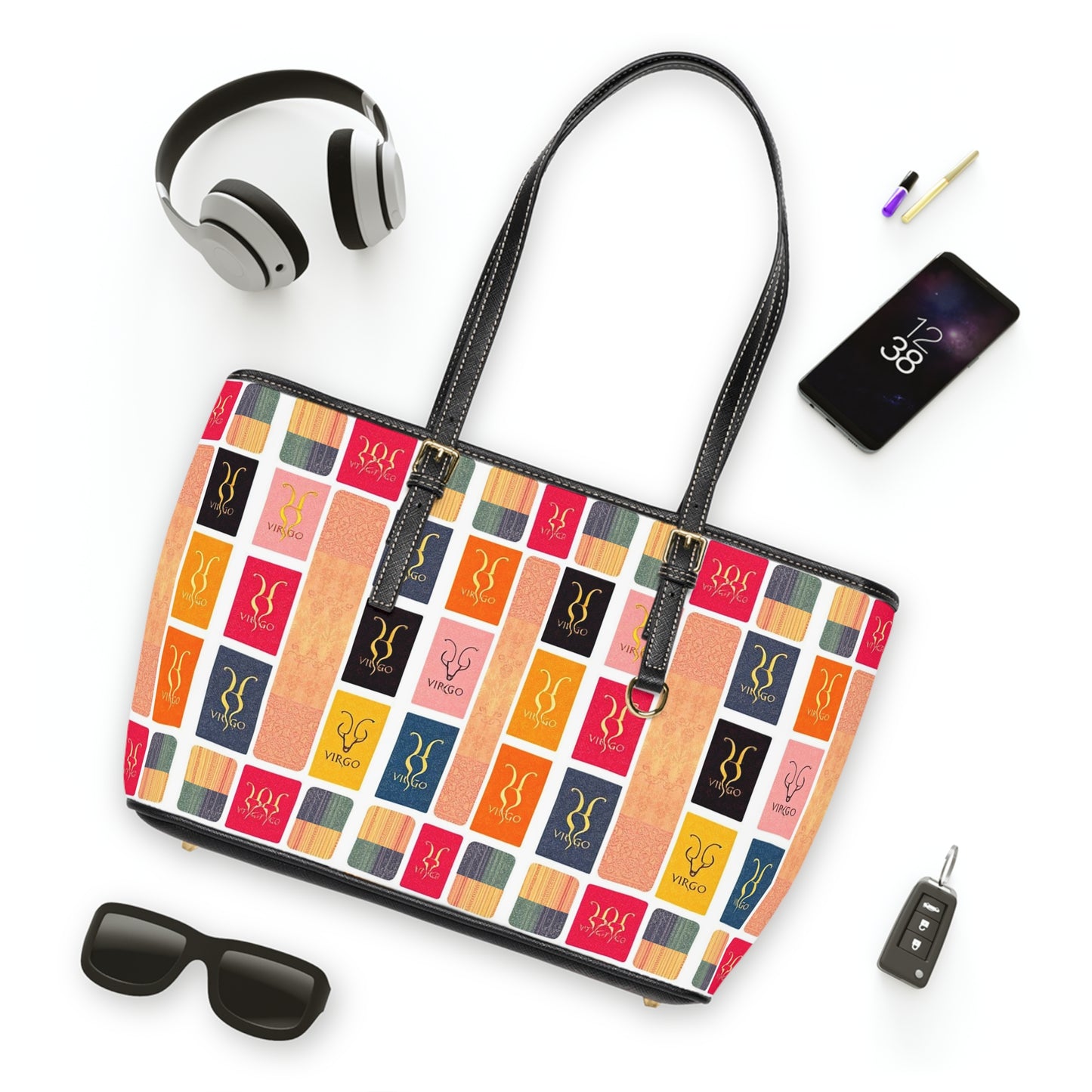 Leather Shoulder Bag, Virgo, Zodiac v3, Shapes Pattern