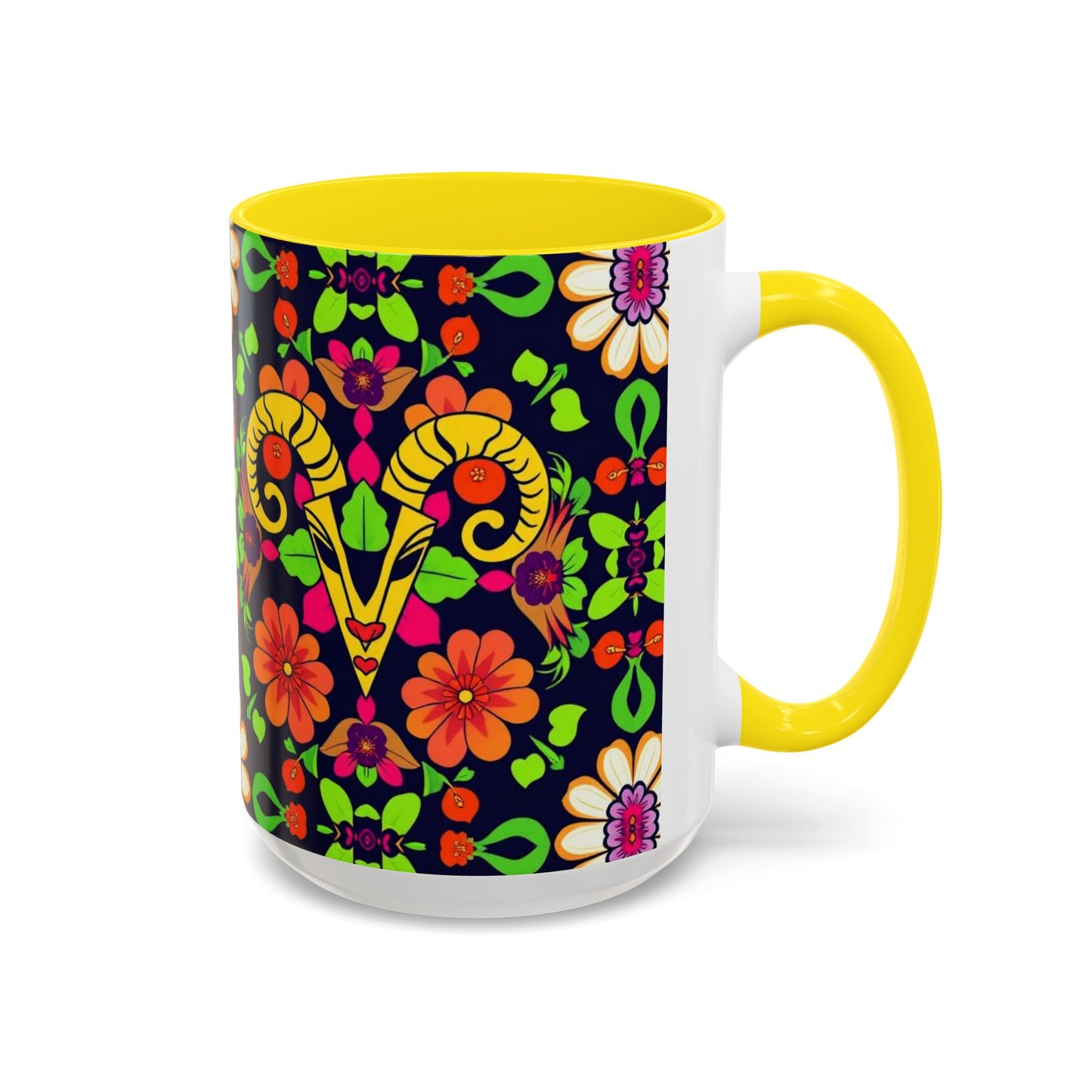 Accent Coffee Mug, Aries, Zodiac v2, Flower Pattern, (11, 15oz)