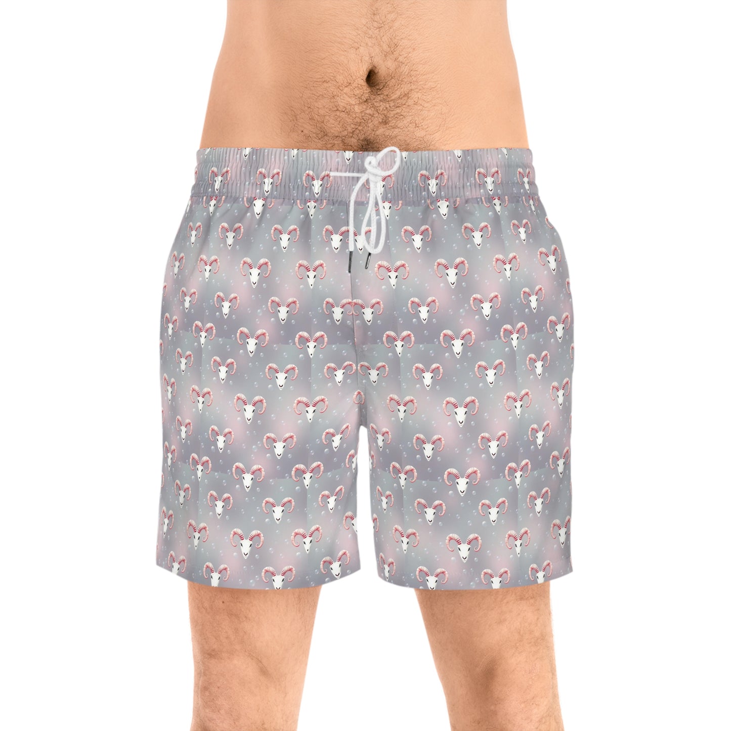 Men's Mid-Length Swim Shorts, (AOP), Aries, Zodiac v1, Bubble Pattern