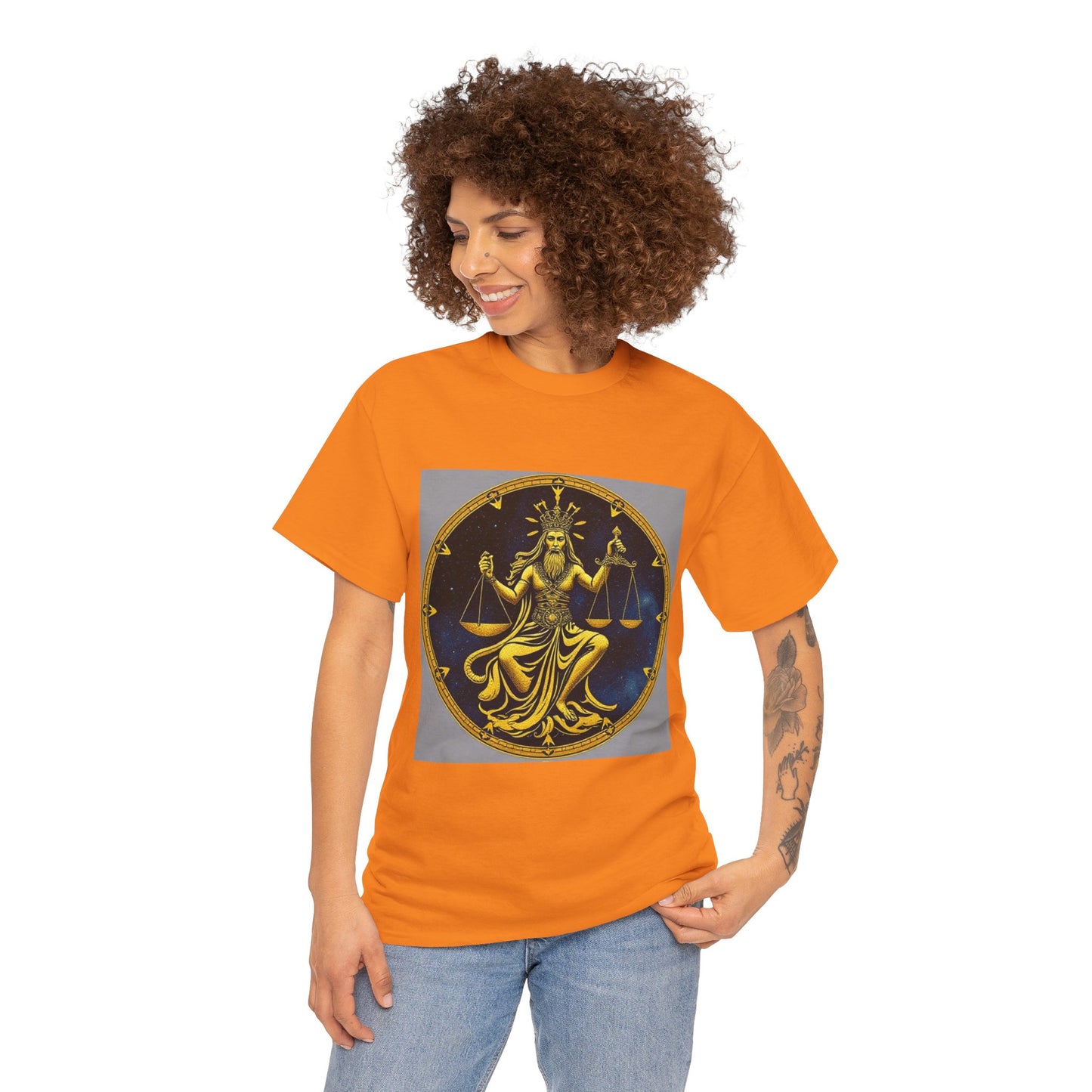 Unisex Heavy Cotton T-Shirt, Gold v1, Libra God, Zodiac Design
