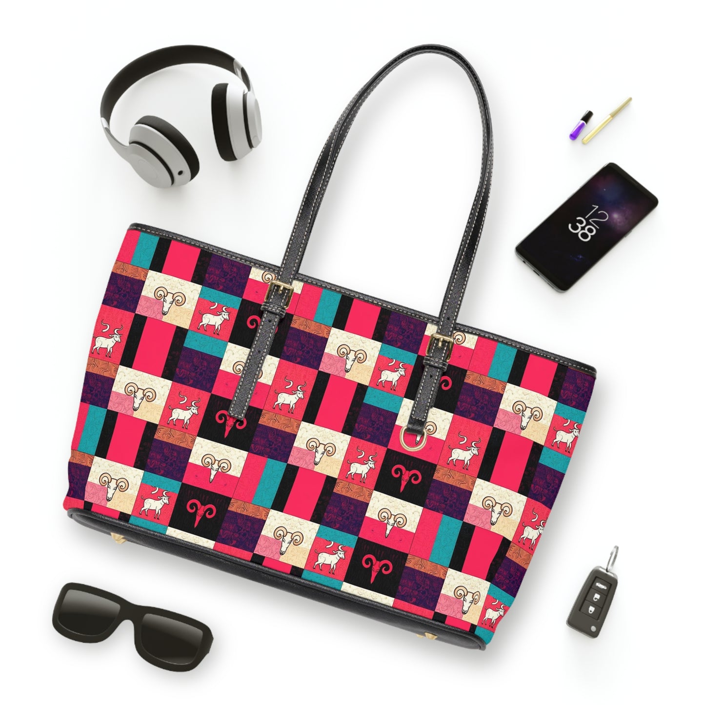 Leather Shoulder Bag, Taurus, Zodiac v4, Shapes Pattern
